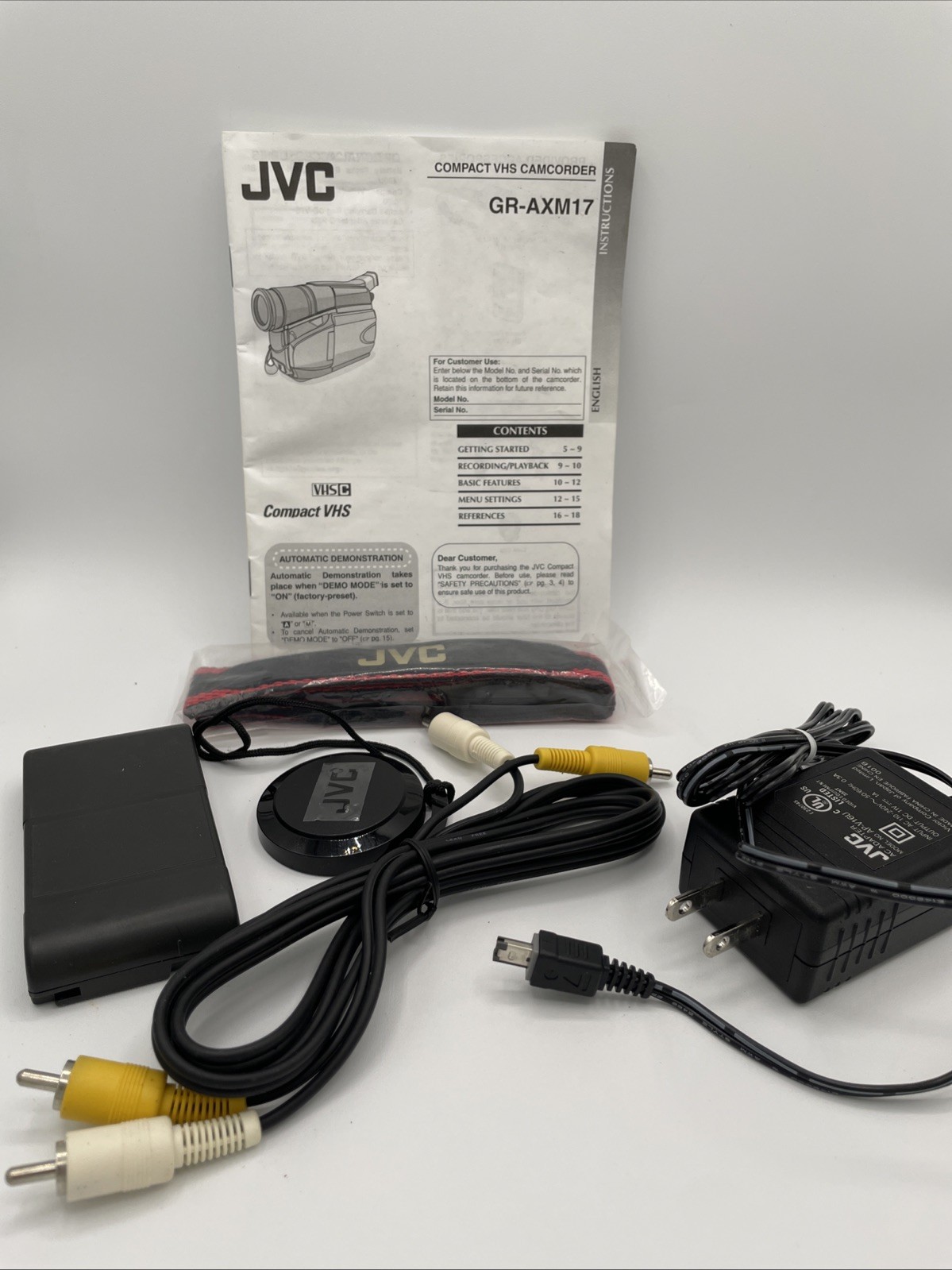jvc gr-axm17 Instructions Battery Charge Cord Lens Cap Av Cords Shoulder Strap
