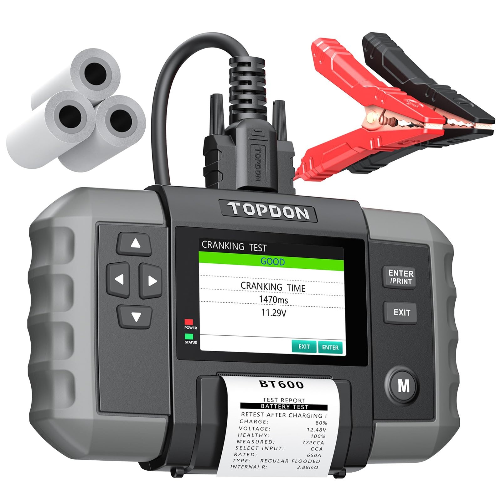 Car Battery Tester, TOPDON BT600 12V, 12V/24V Cranking Tests and black,grey