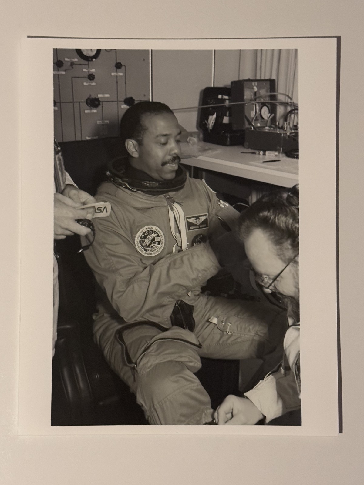 NASA STS-55 Bernard Harris Suit Assisted By Technician Press Photo