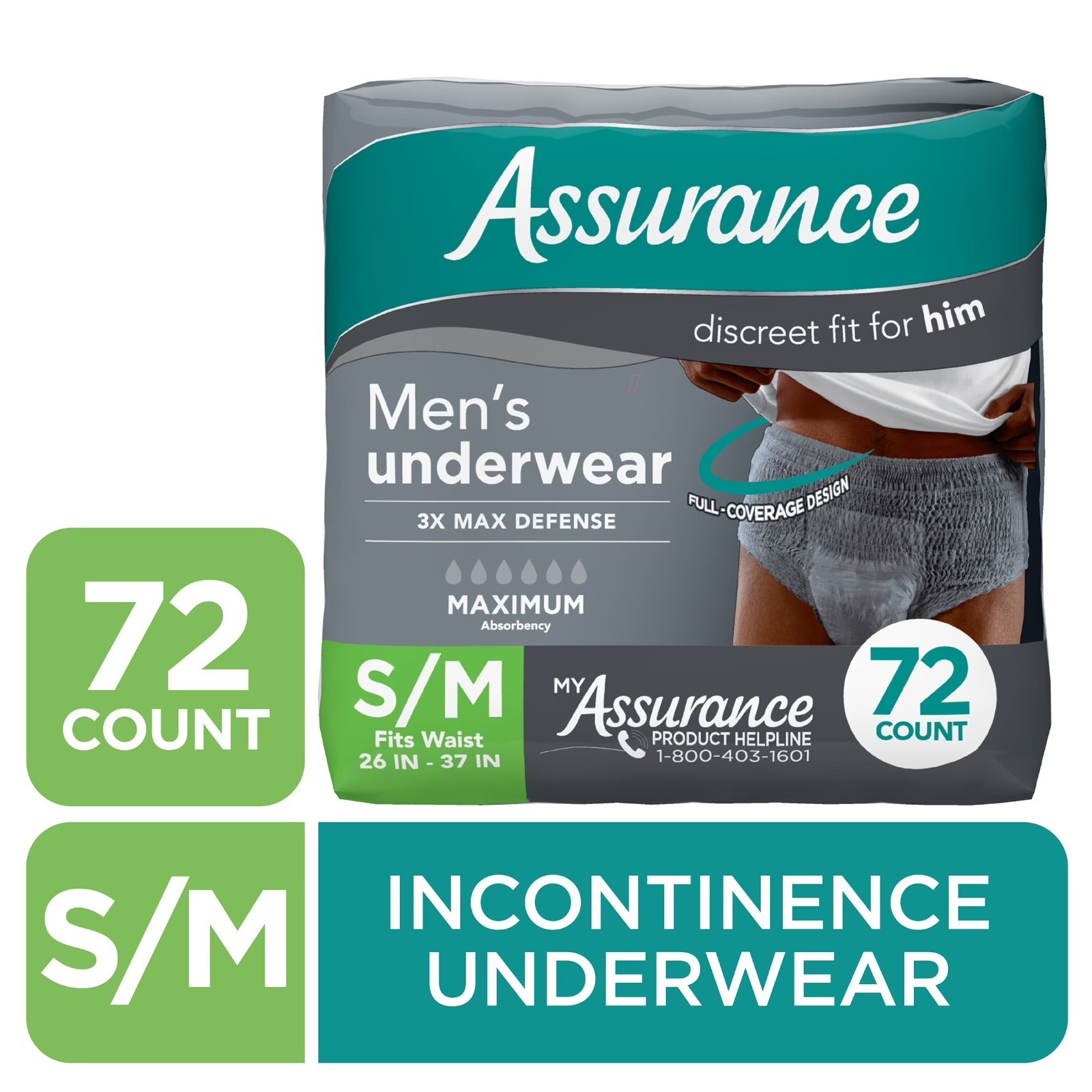 Assurance Men's Incontinence Underwear S/M Maximum Absorbency 72 Count