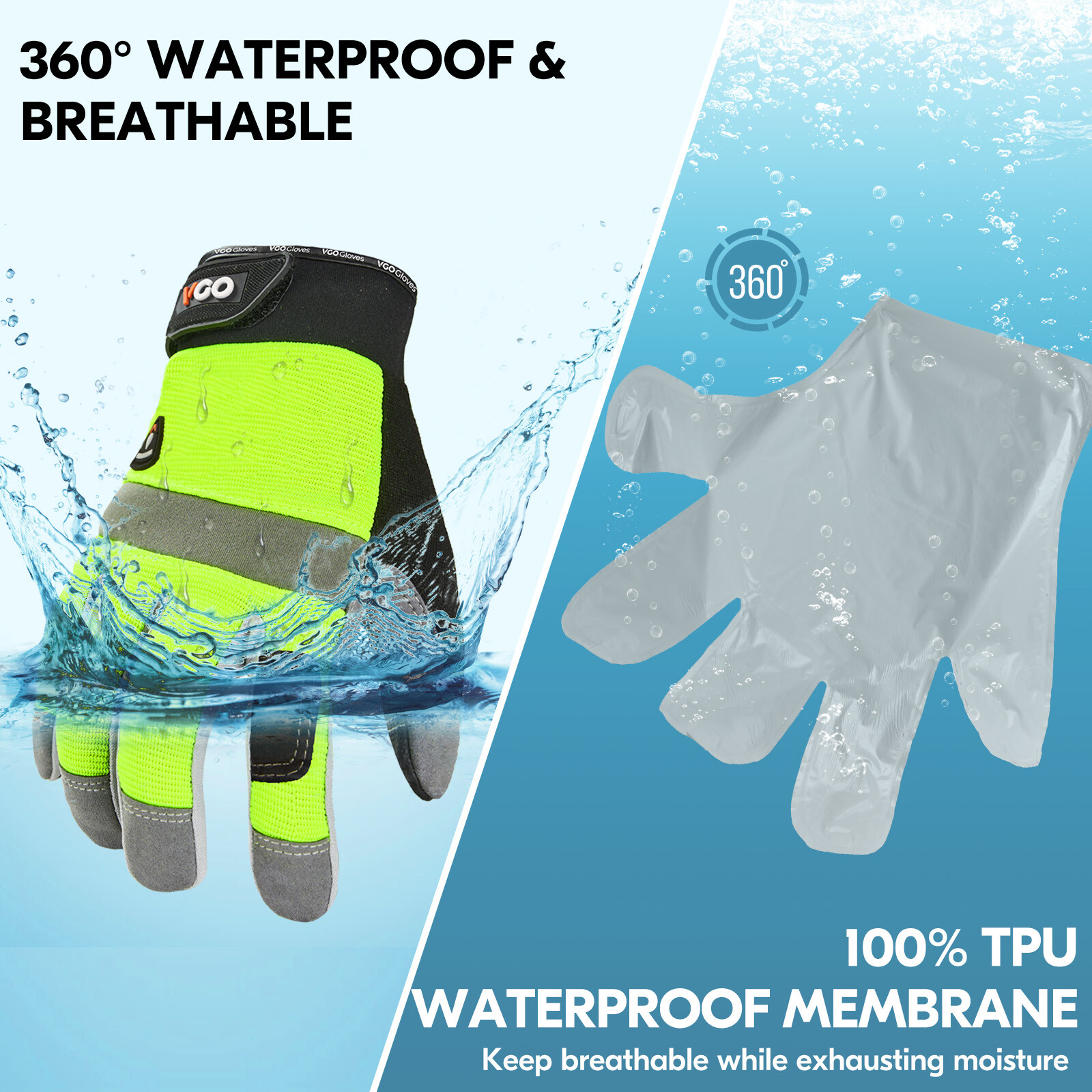 Vgo 1Pair 41℉ Lined Touchscreen Waterproof Winter Work Gloves (SL7584FLWP-GRE)