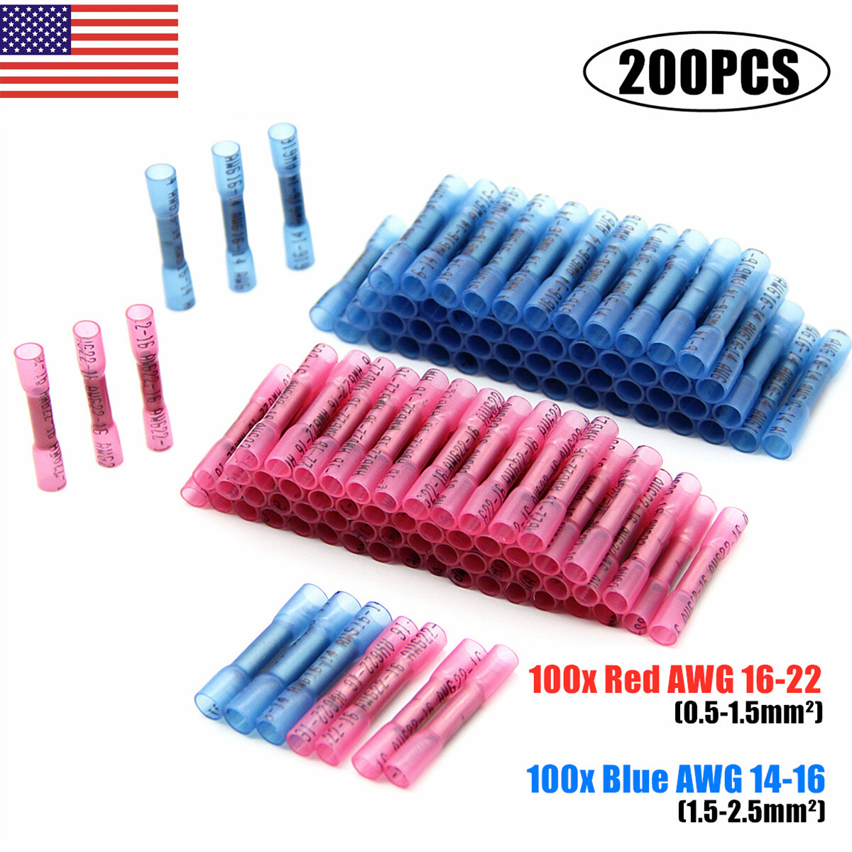 200Pcs Heat Shrink Butt Tube Splice Connectors 22-14AWG Gauge Wire Terminals Kit