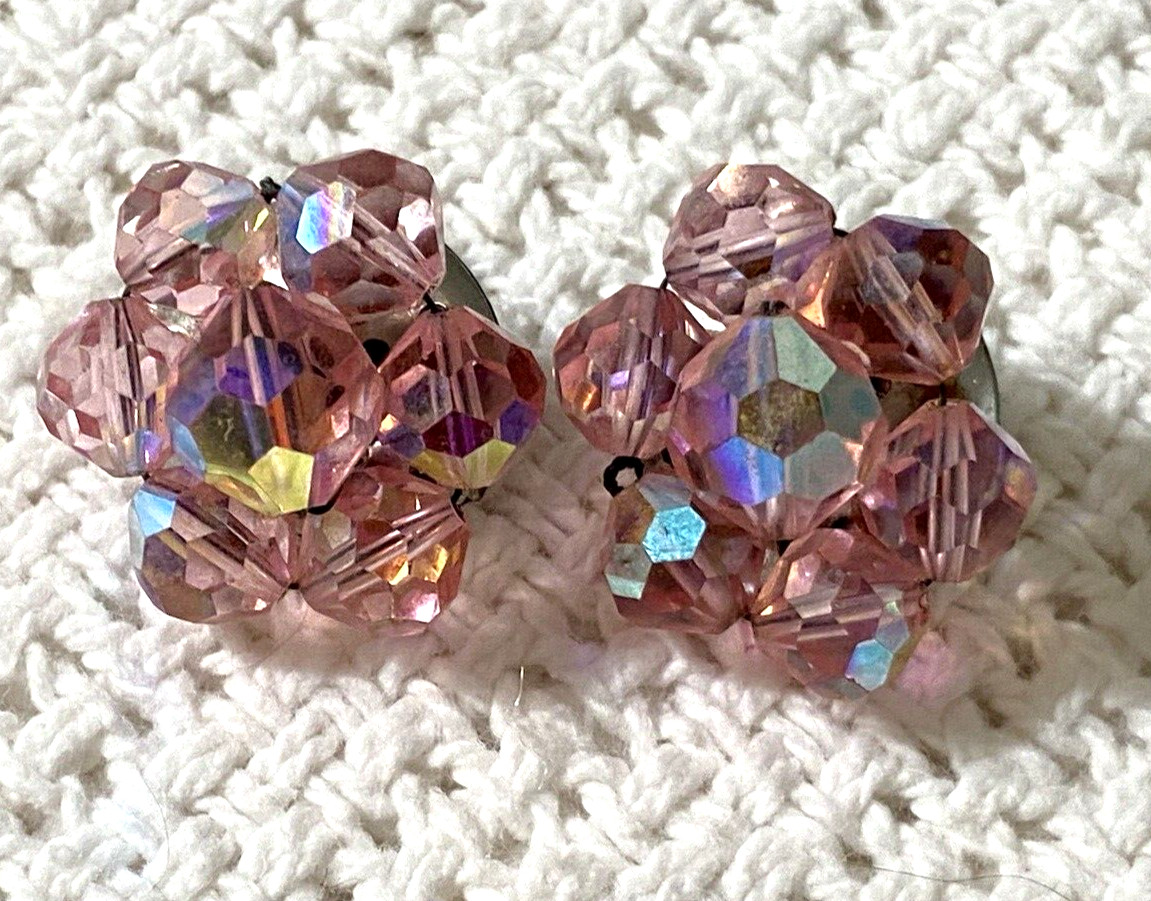 Vintage Pink Aurora Borealis Bead Cluster Earrings