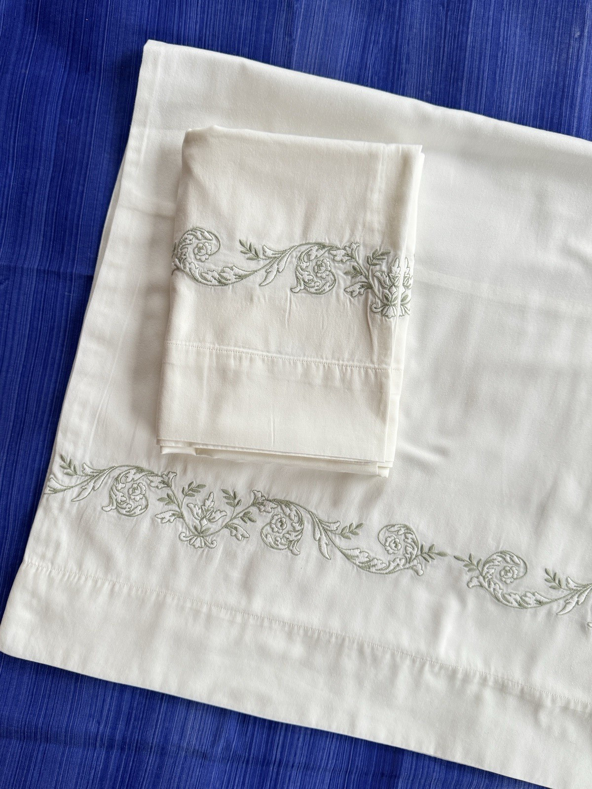 Italian King Pillowcases Pair Softest Cotton with Green Embroidery