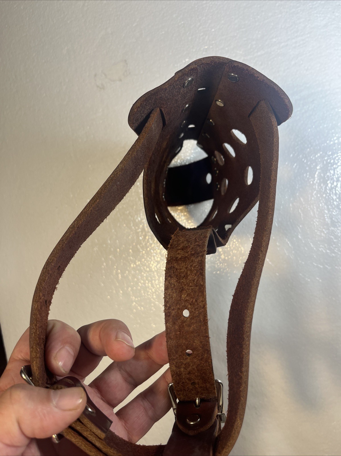 Vintage Adjustable Brown Leather Dog Muzzle, Vented, Lrg Breed Size 5?