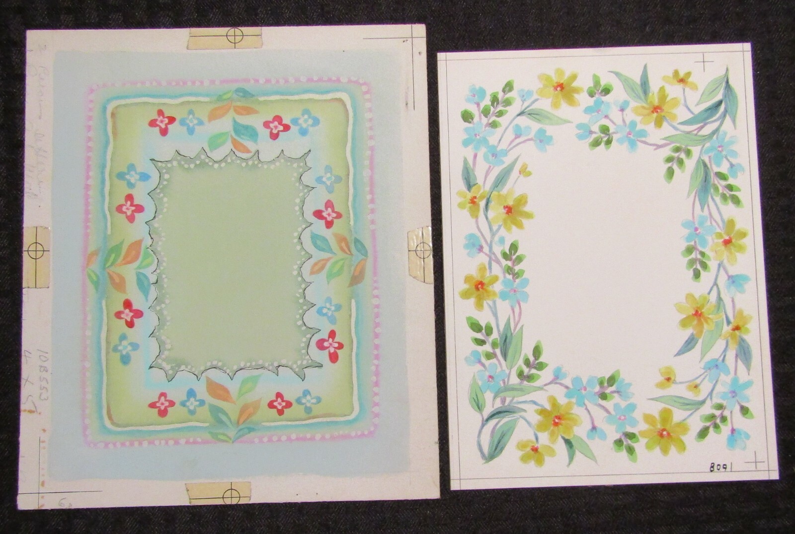 BIRTHDAY WISH Blue Red & Yellow Flowers Border 7.5x9" Greeting Card Art LOT of 2