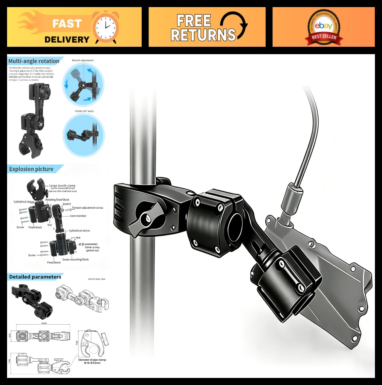 0 Degree Transducer Pole Mount for Garmin LVS34 - Easy Install, Durable Clamp fo