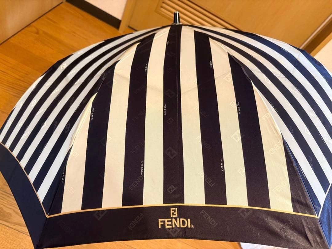 FENDI Folding Umbrella Navy White Stripe Pattern Used Compact Travel Polyester