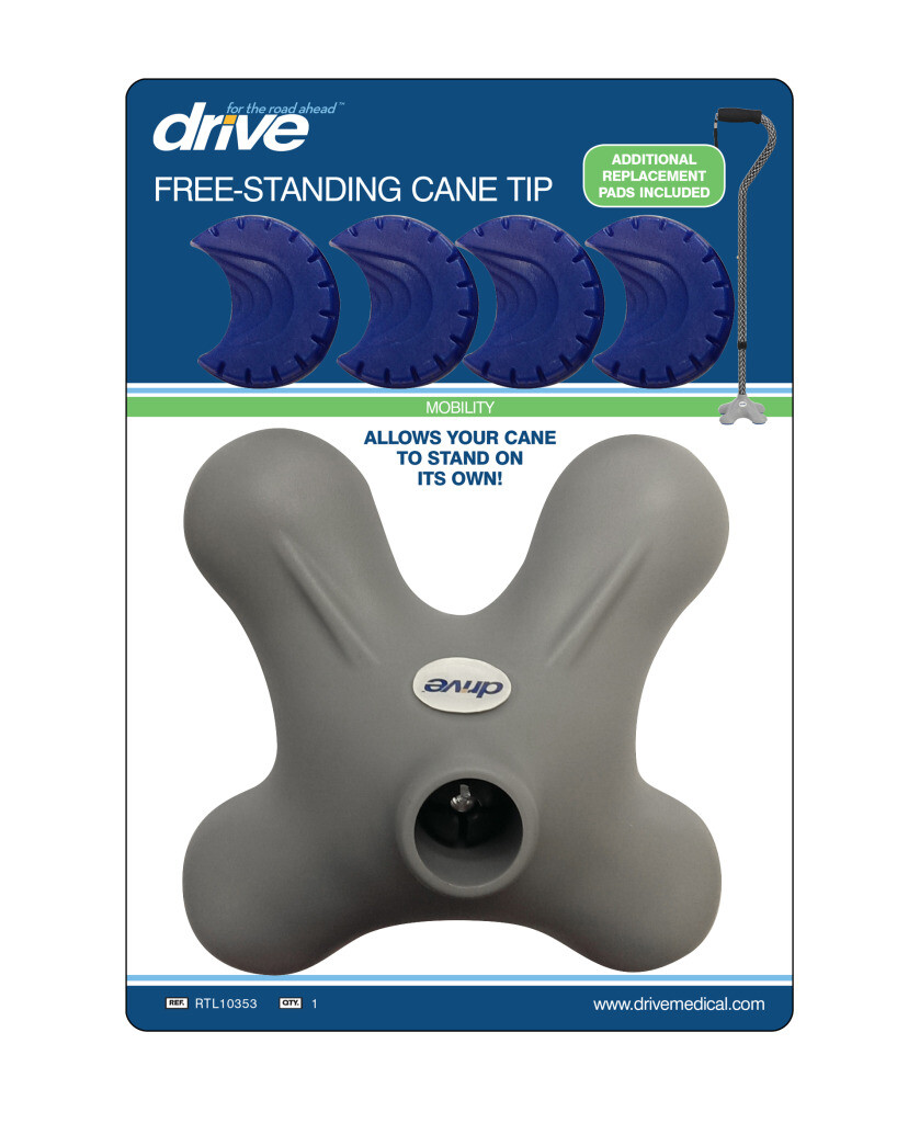 Drive QUAD CANE TIP FREE Standing fits 3/4" diameter shaft GRAY w/ xtra pads