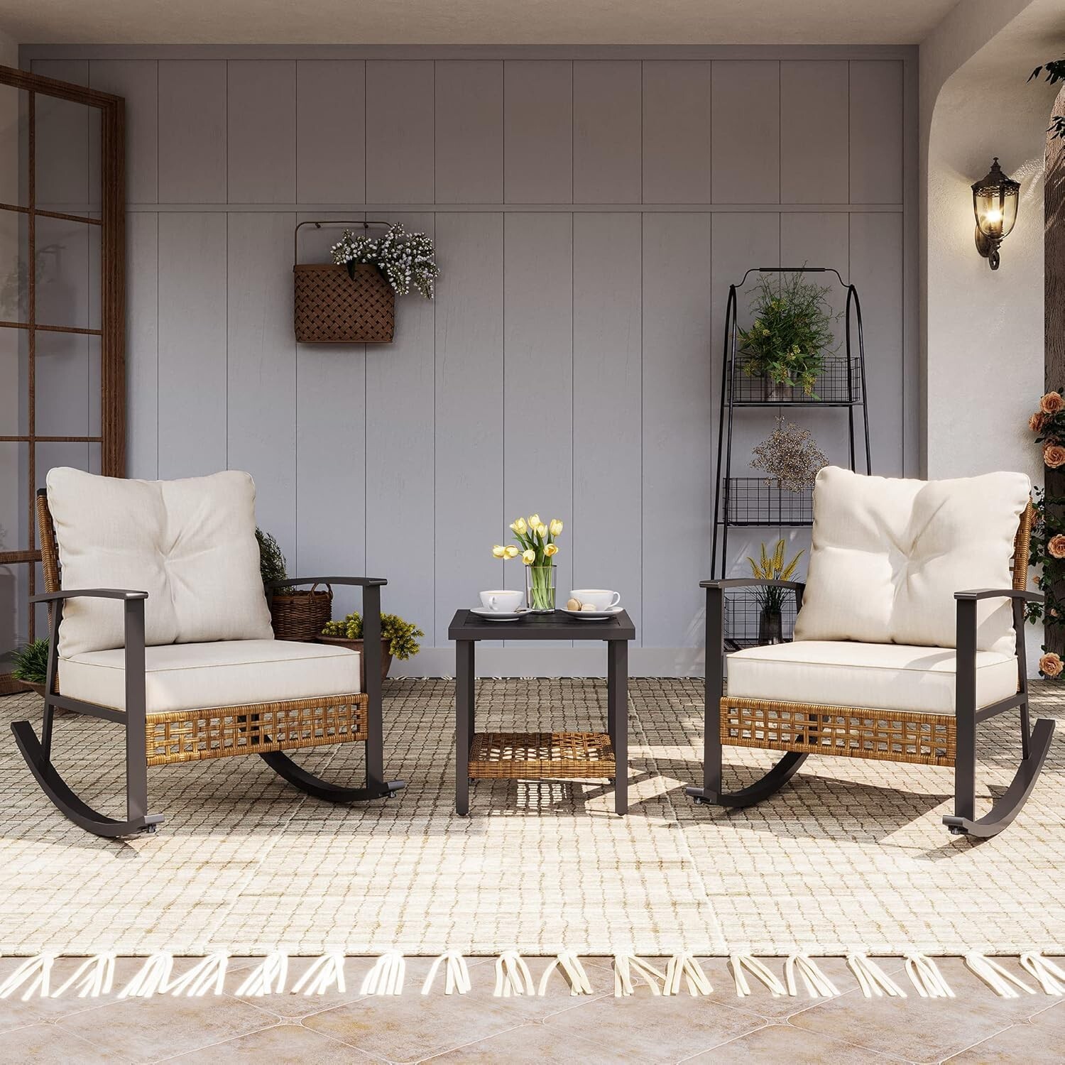 LAUSAINT HOME 3 Pieces Patio Conversation Set with 2-Tier Coffee Table, Beige