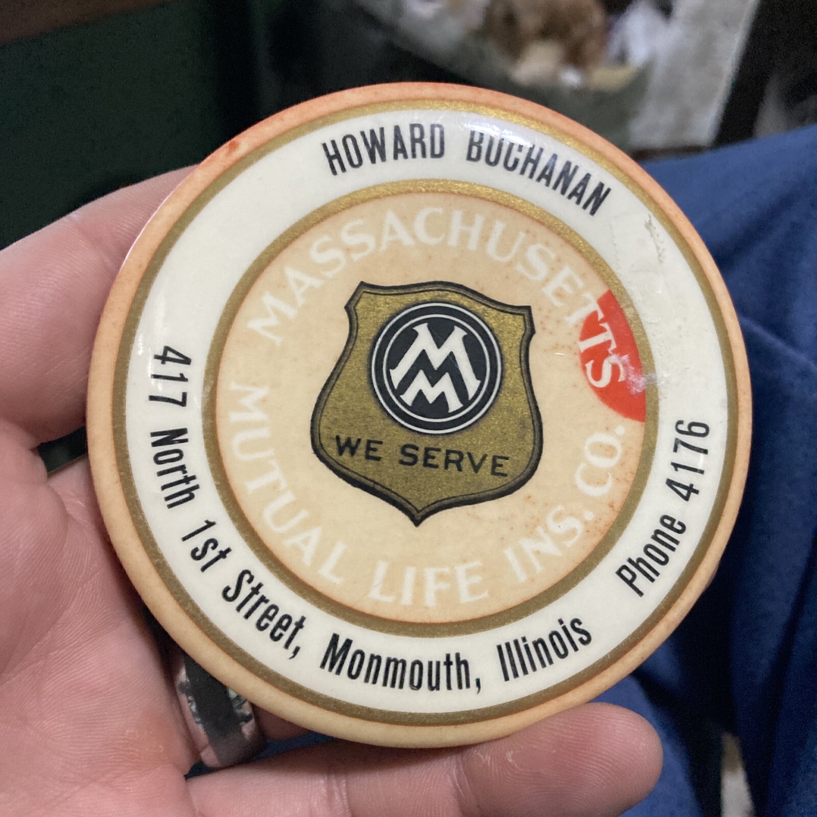 Vtg MASSACHUSETTS MUTUAL LIFE Monmouth IL paperweight pocket mirror Advertising