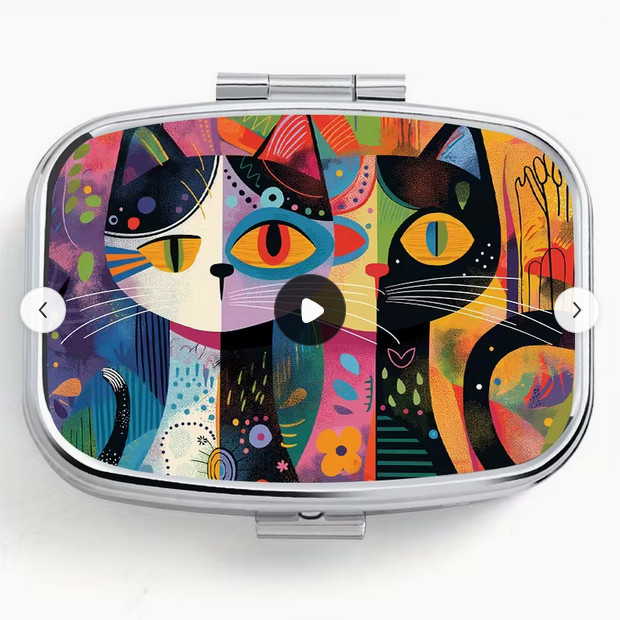 SECRET STASH    ABSTRACT CATS  PILL BOX 2 COMPARTMENTS METAL & PLASTIC