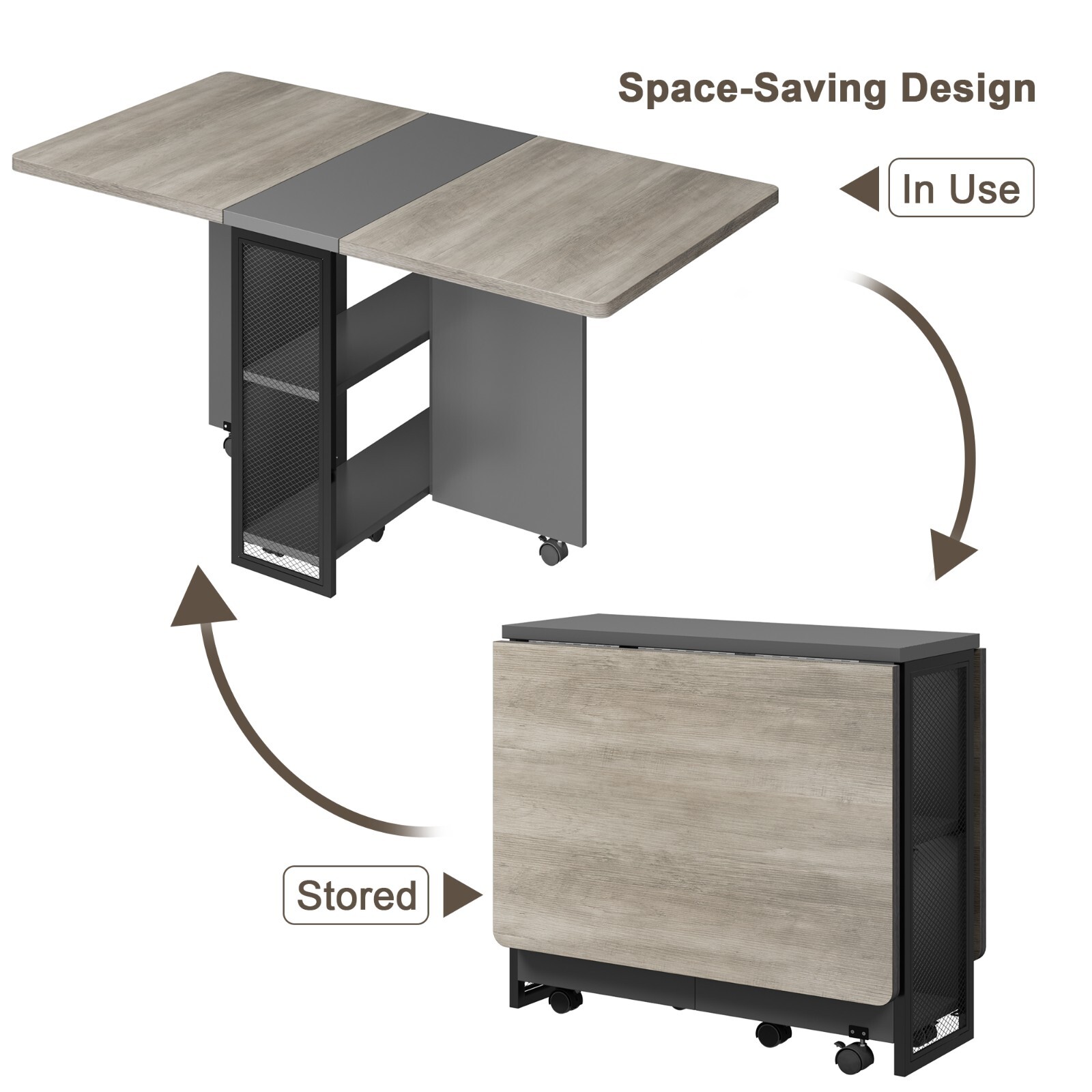 Folding Dining Table with Drop Leaf Storage Racks for Small Kitchen Space Saving