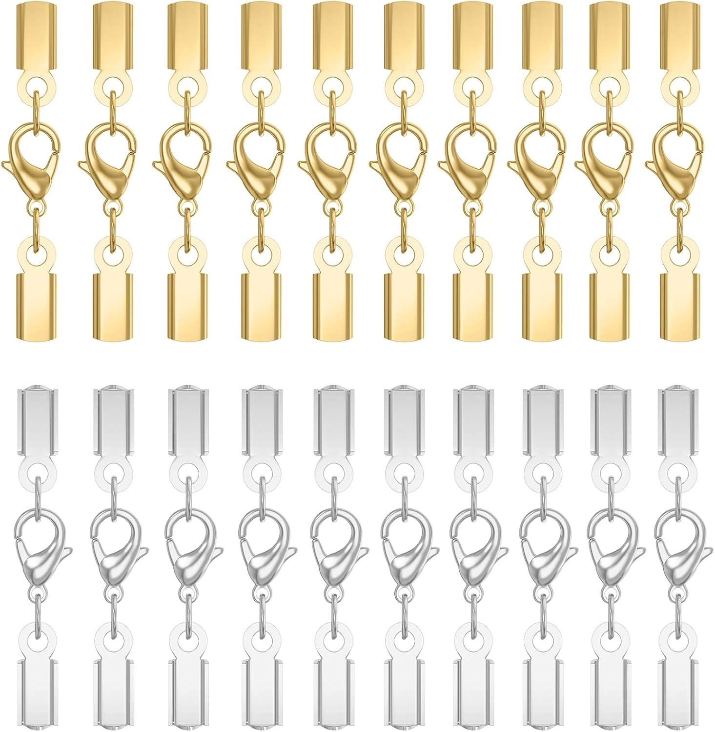 20 Sets Crimp Cord Ends with Lobster Clasp Silver Gold for Bracelet Necklace