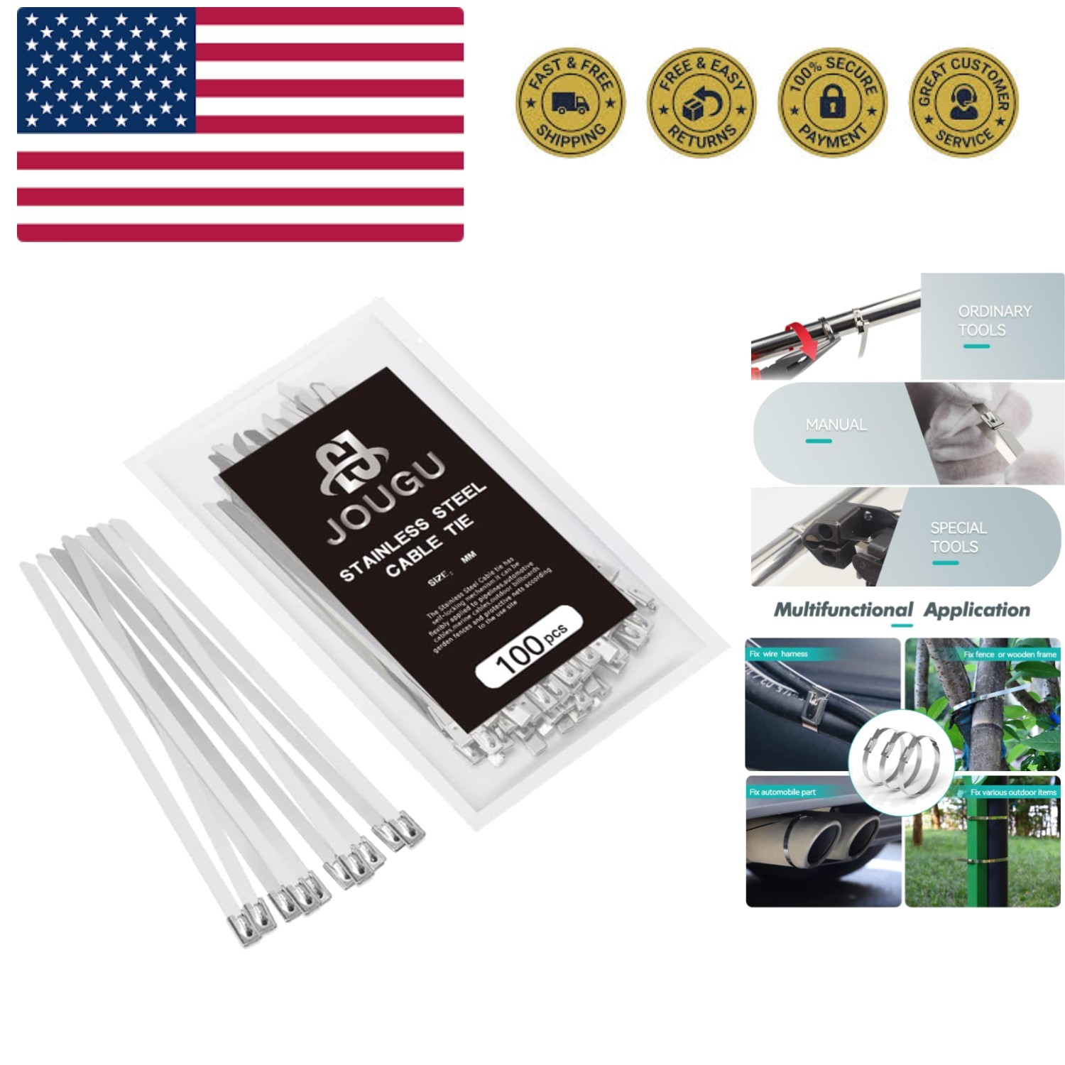 Heavy-Duty 100 Pack Zip Ties, 11.8" 304 Stainless Steel, Perfect for Vehicles