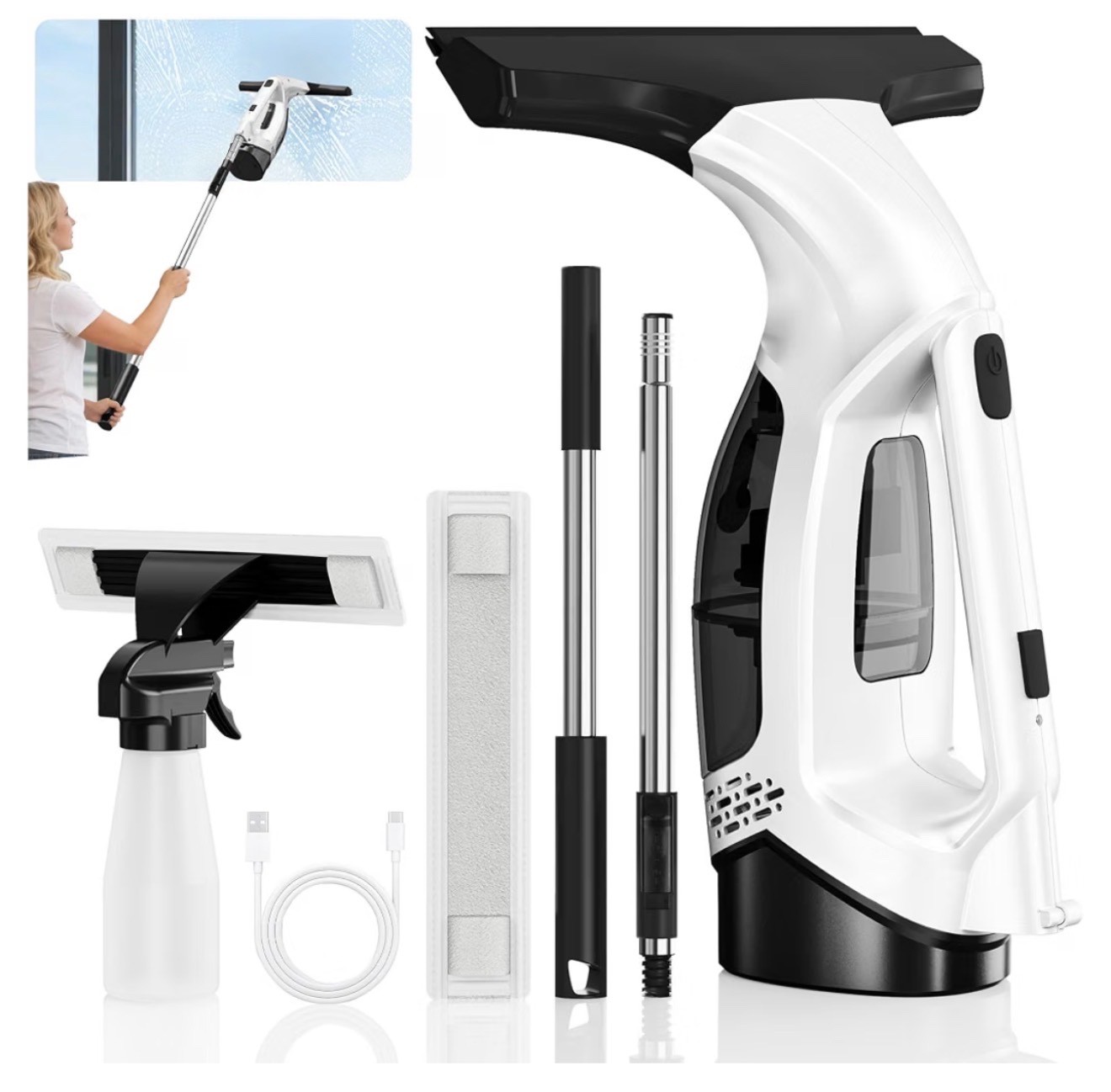 Window Vacuum Squeegee with Extendable Pole 31-40", 2000Pa Electric Window Clean