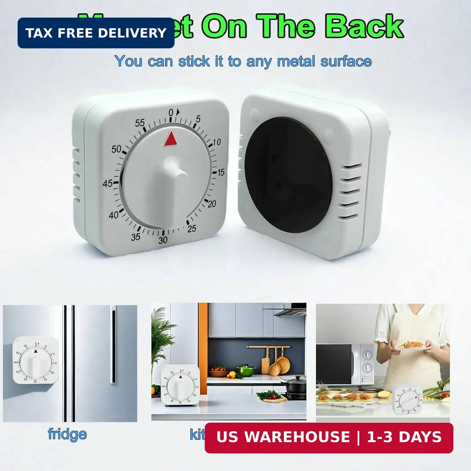 Square 60 Minute Mechanical Kitchen Timer Visual Countdown Loud Alarm White