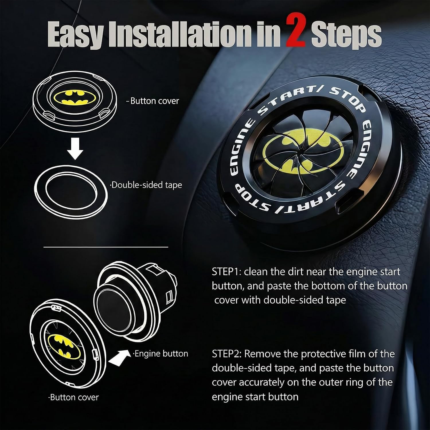 Batman Car Engine Start/Stop Button Cover, Stylish Self-Adhesive Button Cover fo