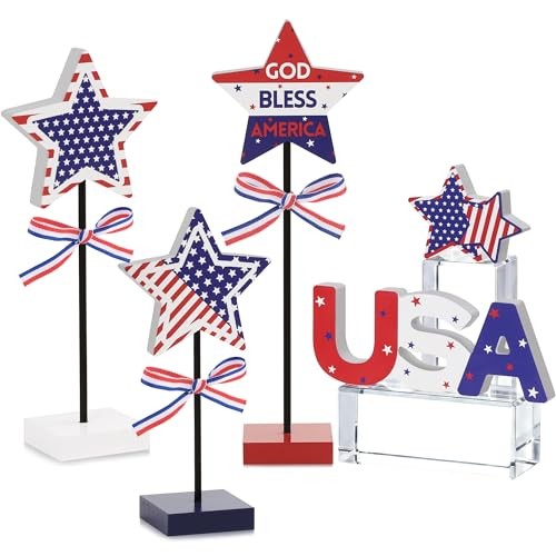 5Pcs 4th of July Table Decorations Wooden Star Set, Patriotic Memorial Day