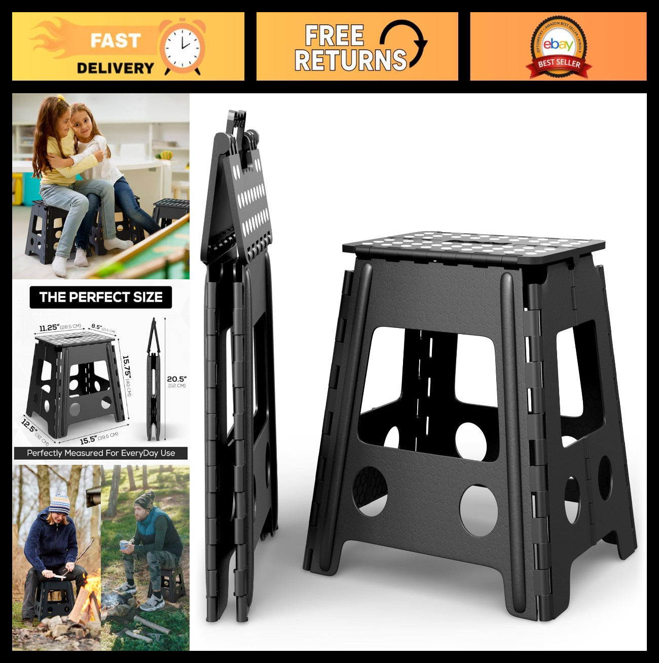 Folding Step Stool 15.7" - Lightweight, Portable, Sturdy for Kids & Adults - Ind