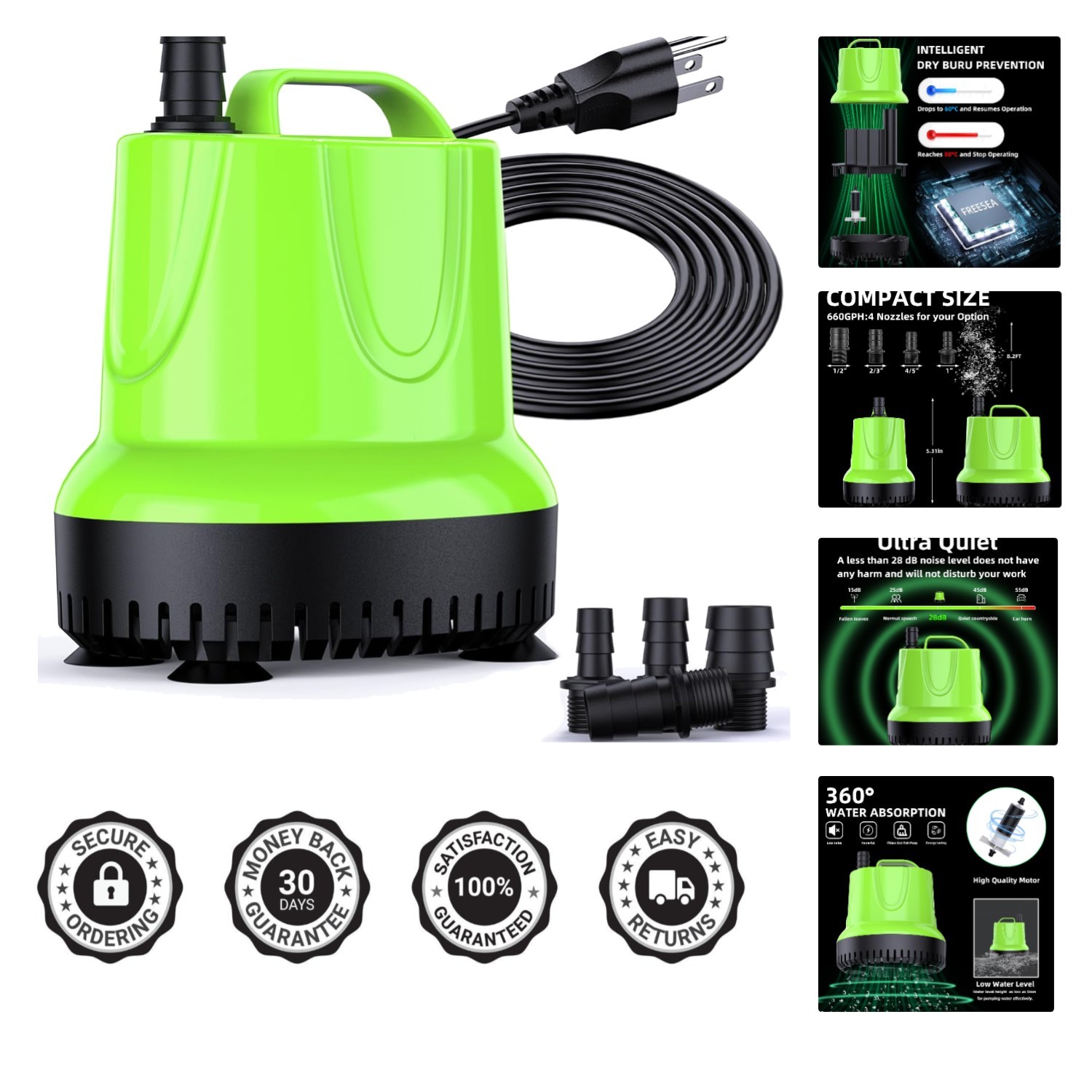 Elegant Green 660GPH Submersible Water Pump for Hydroponic & Aquatic Life