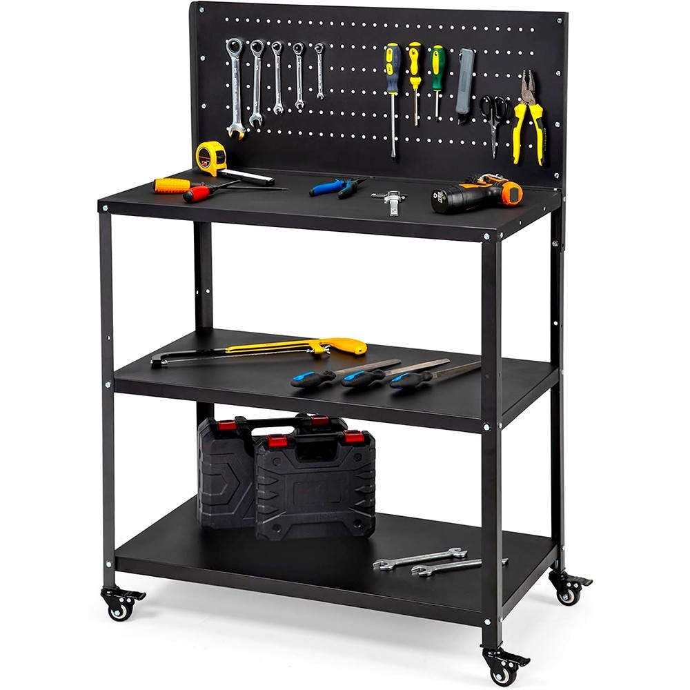 3-TIER HEAVY DUTY WORKBENCH WITH PEGBOARD LOCKABLE WHEELS FOR GARAGE WORKSHOP