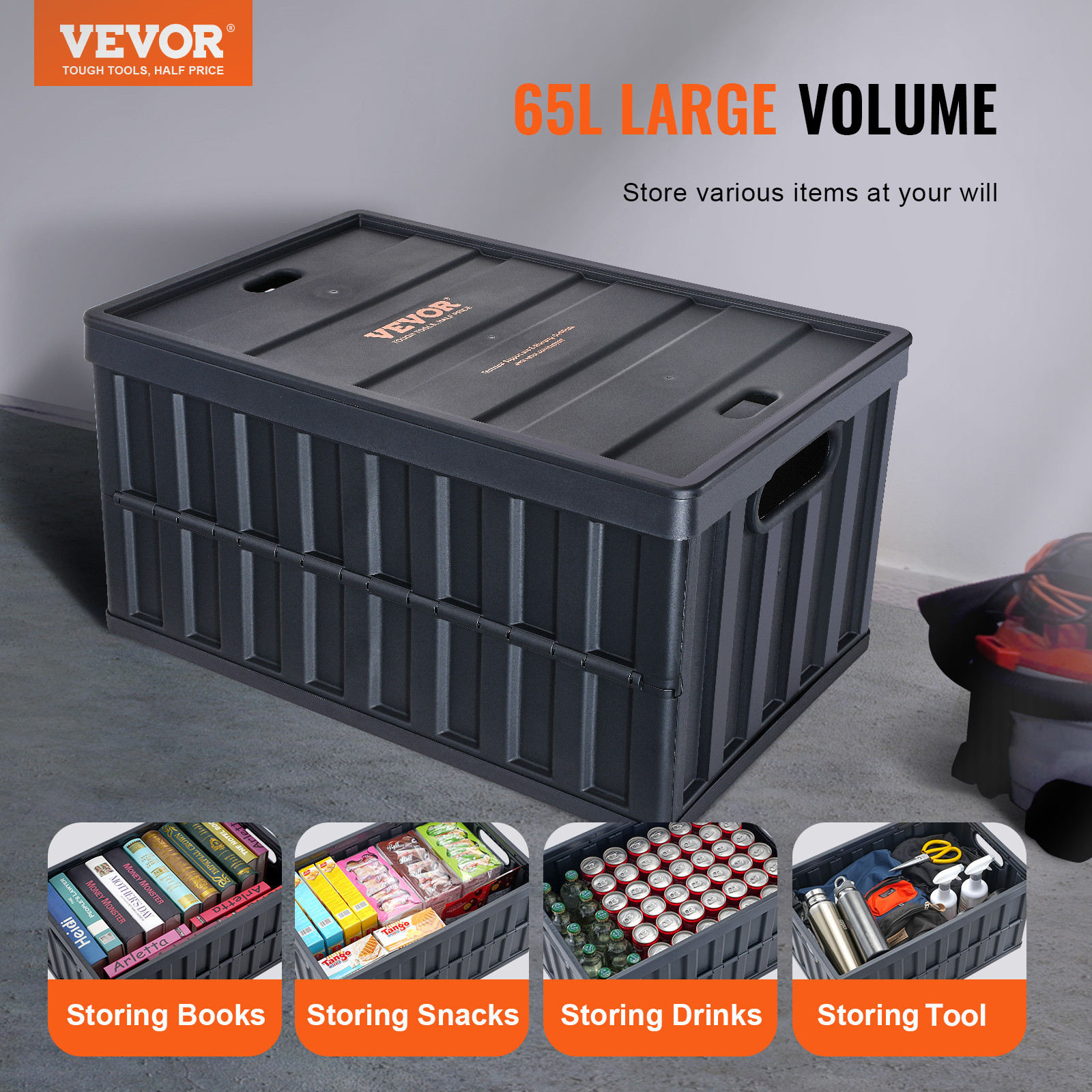 VEVOR Collapsible Storage Bins with Lids Folding Stackable Containers 65L 3-Pack