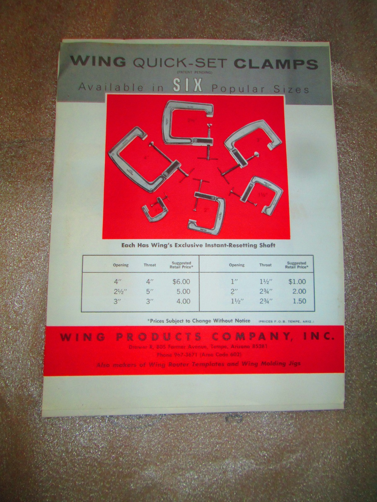 Vtg 1950's? Wing Quick-Set Clamps brochure and correspondence A L Wing President