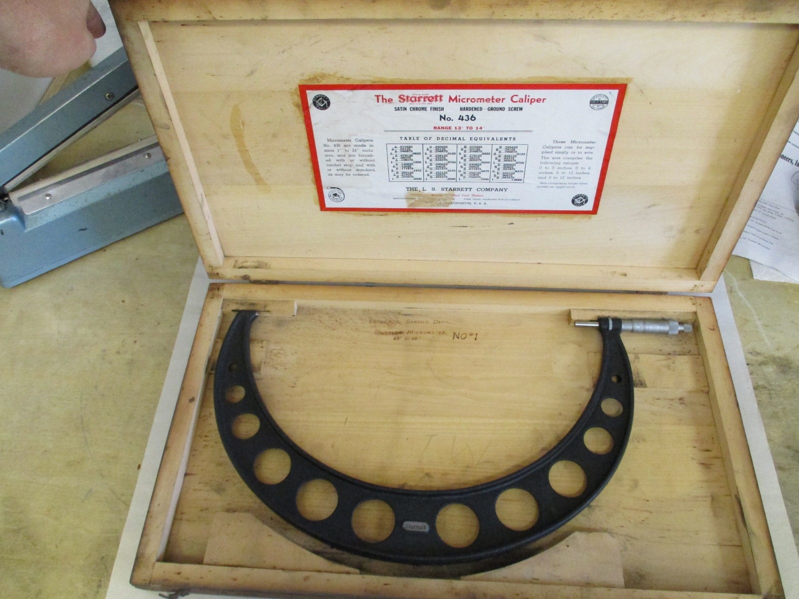 Starrett No.436 13"- 14” Outside Micrometer  lock , ratchet and wood  Case.