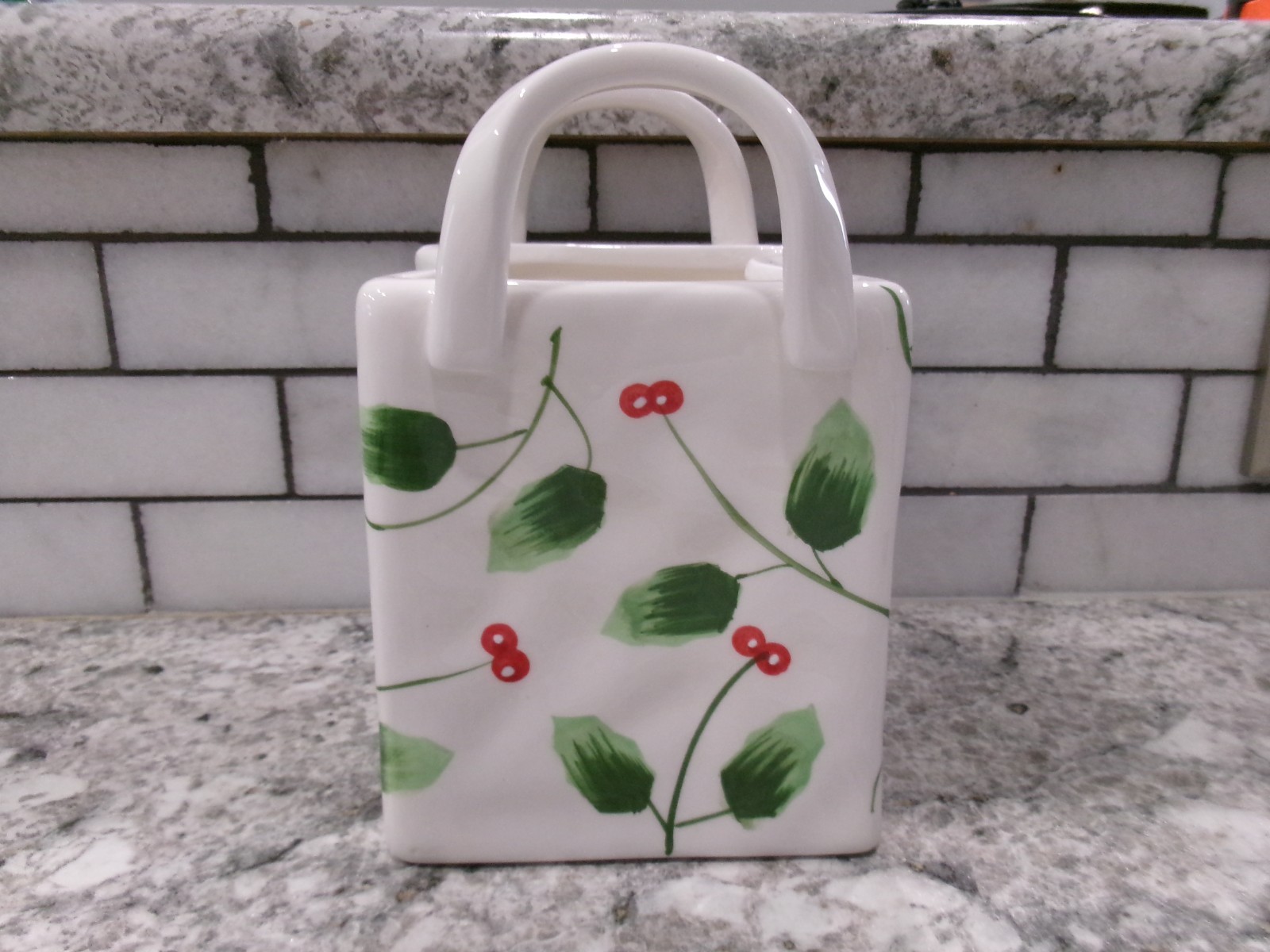 Century Ceramic Bag Shaped Planter, 2 Handles, Cherry Design, 7" x 3" x 2.5"