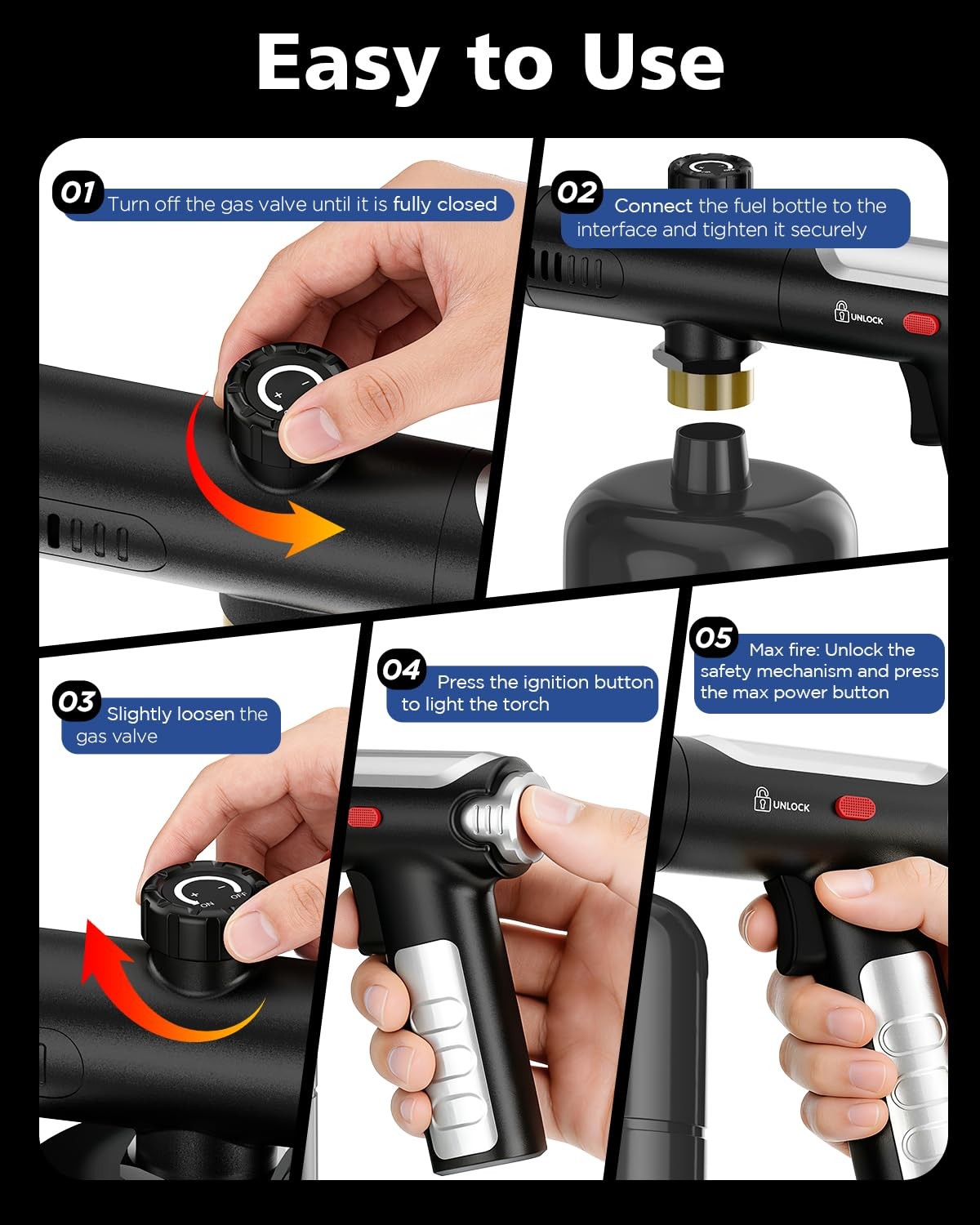 Propane Torch Gun & Weed Burner - Adjustable Flame Thrower Black