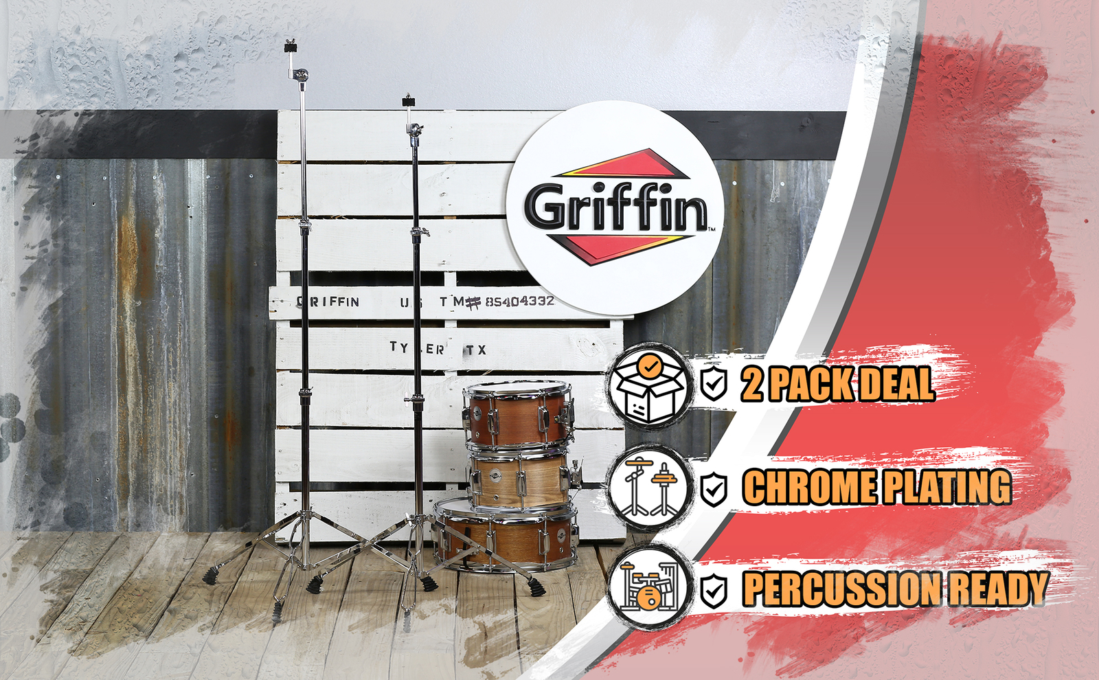 GRIFFIN Straight Cymbal Stand 2 PACK - Percussion Drum Hardware Mount Holder Set
