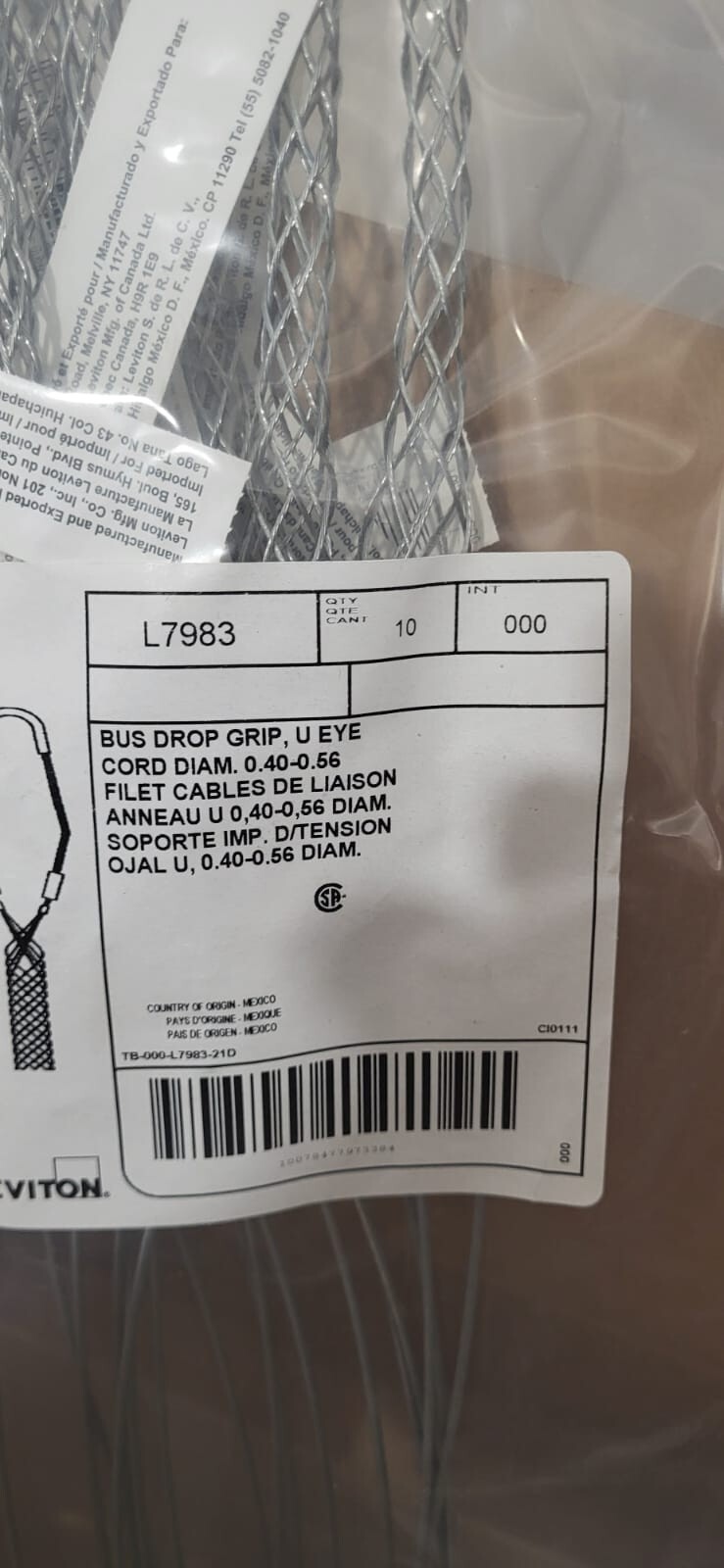 Leviton L7983 .40"-.56" DIA. Hoisting Bus Drop Support Grip U-Eye _ PACK OF 10
