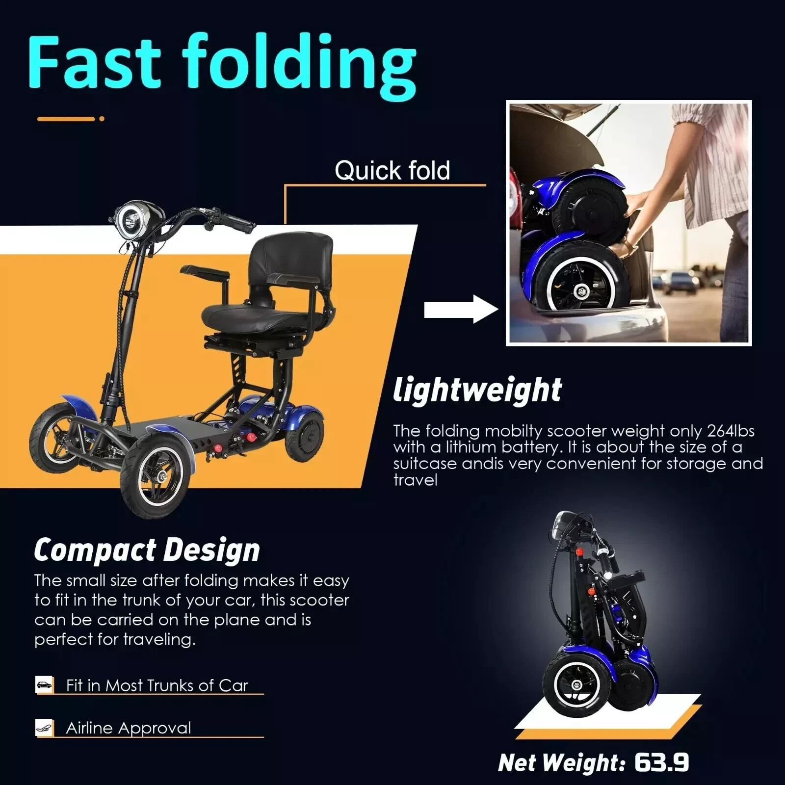 Foldable 4 Wheel Mobility Scooter Folding Drive Device for Seniors Adults 500W