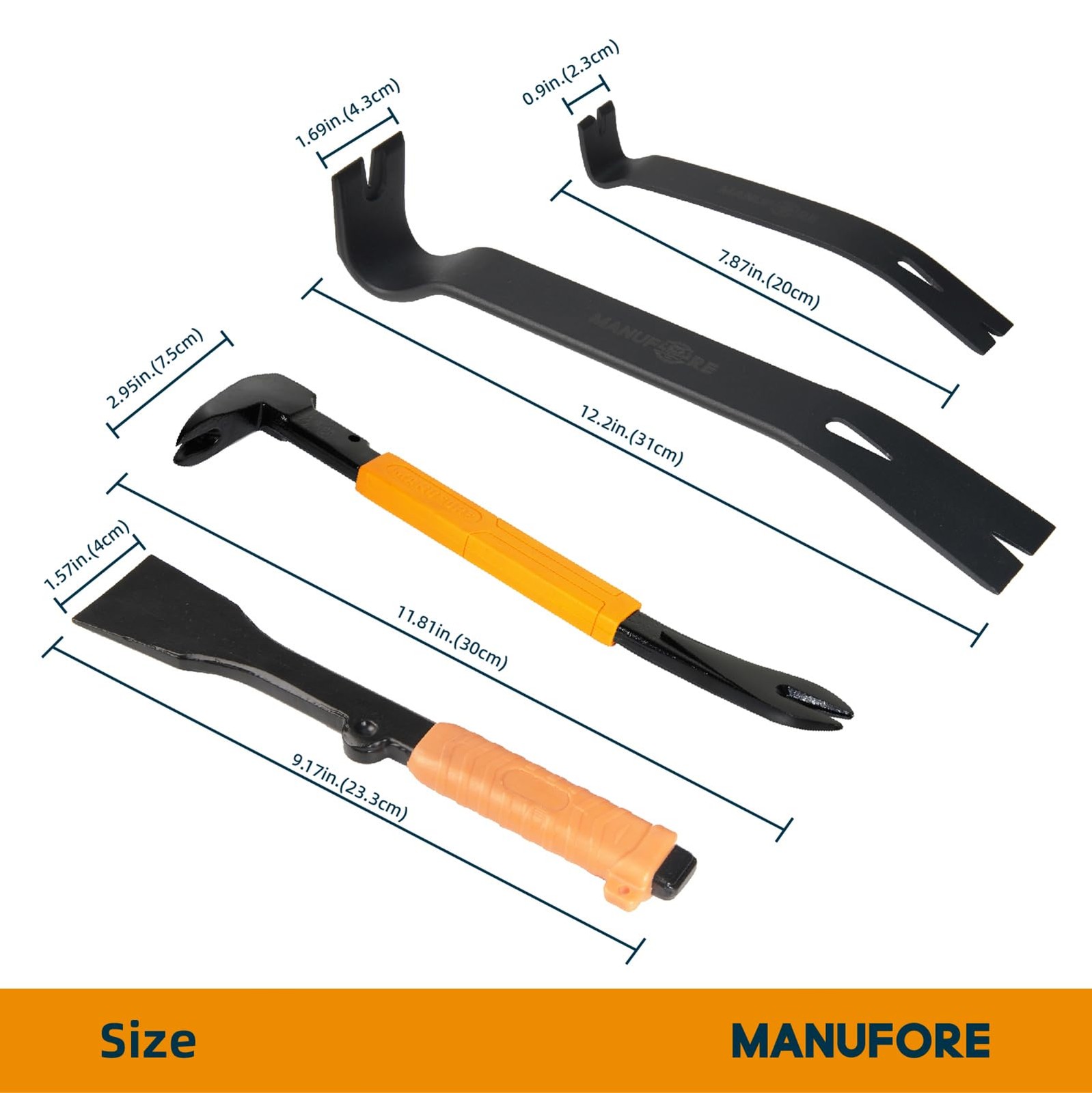 MANUFORE 4pcs Pry Bar Nail Puller Set, 12” Flat Pry Bar, 7.5” Flat Pry Bar, 1...