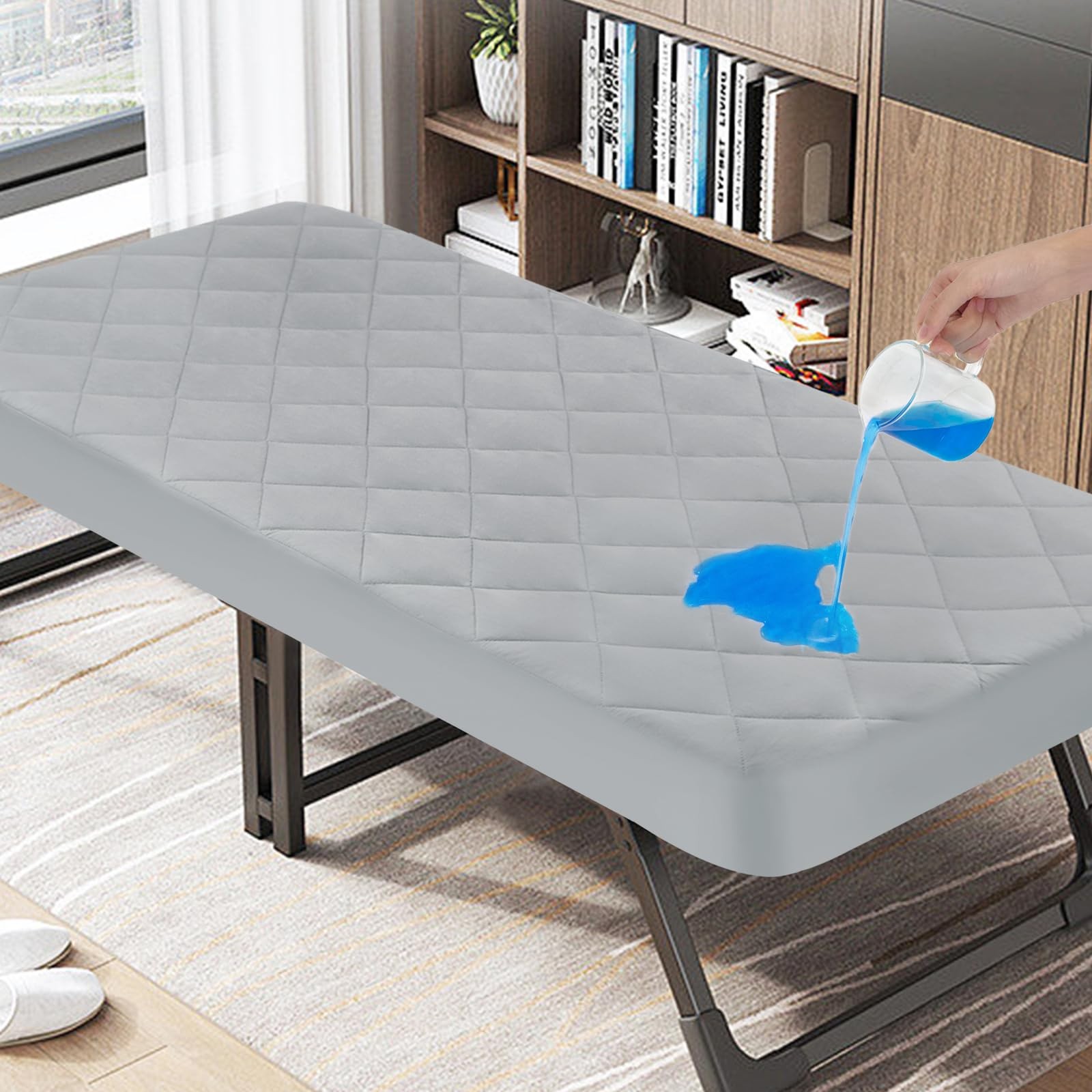 Cot Mattress Pad Waterproof Quilted, Fitted Size Small Single, Gray