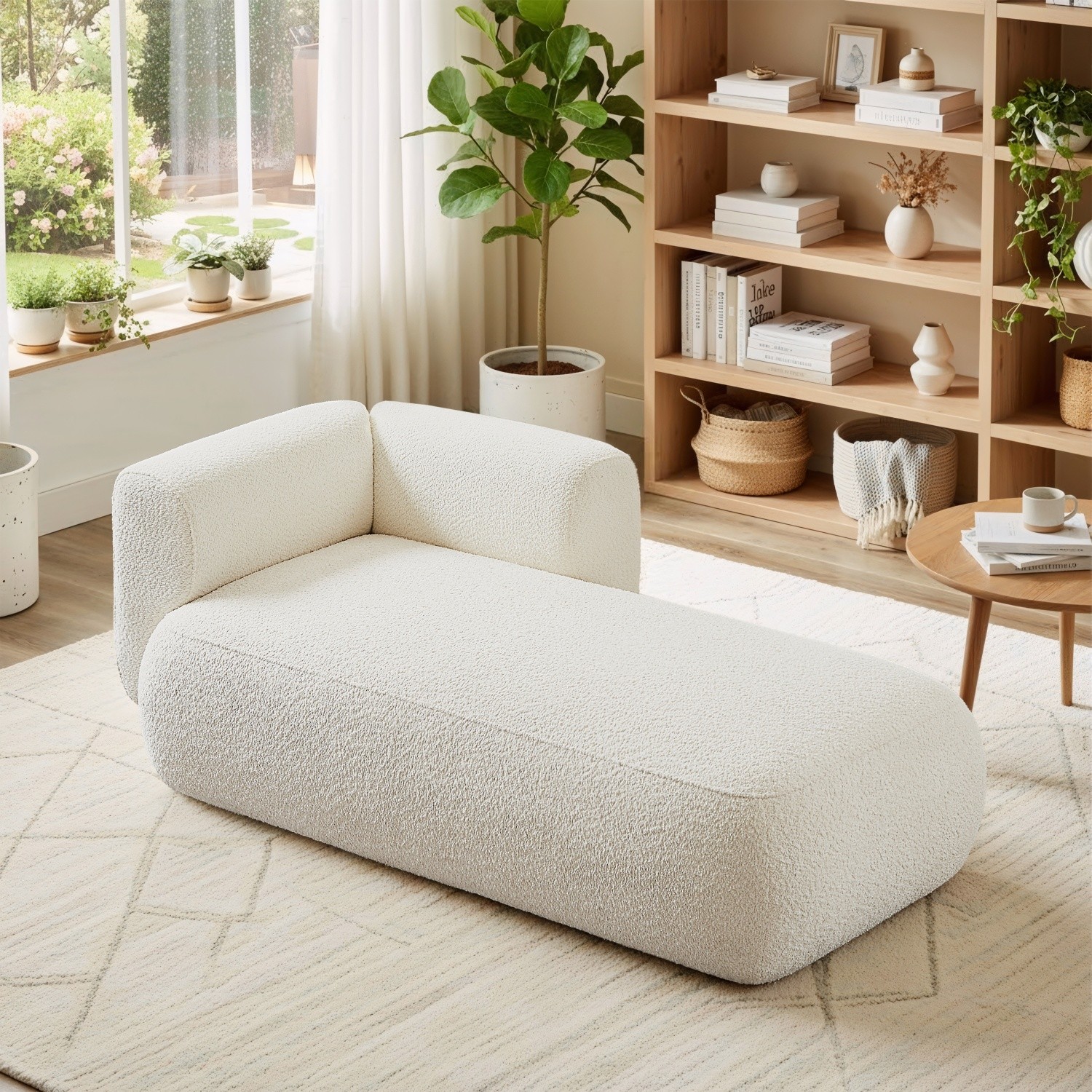 No-Assembly Cream Plush Fabric Upholstered Chaise Lounge Modern Low Floor Chairs