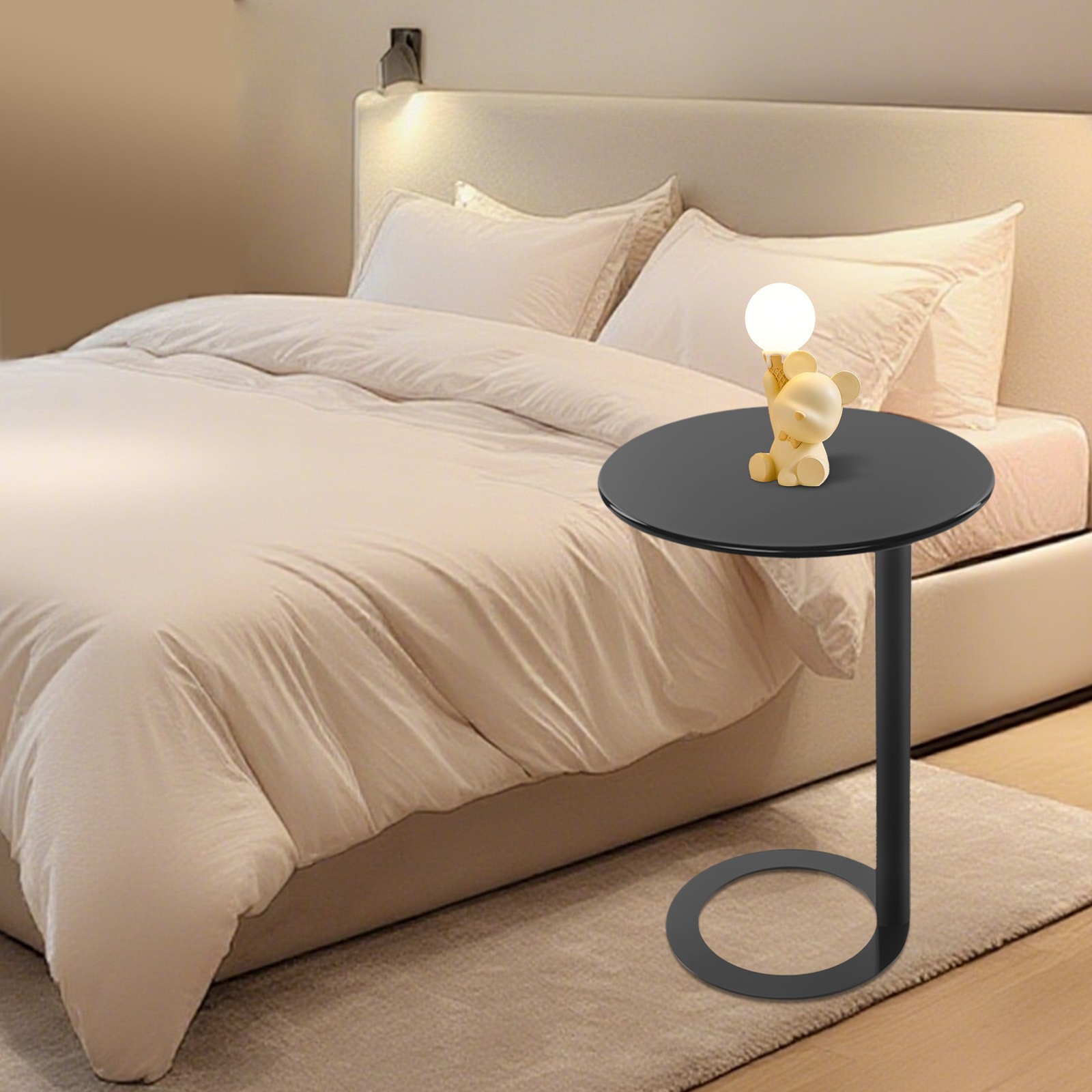 48x69cm Round Side Table Black Side Table for Small Spaces with O-shaped Base