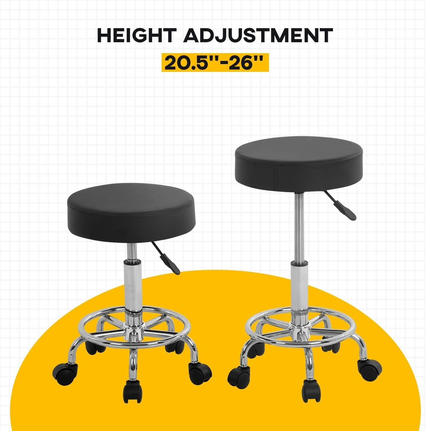 Round Rolling Stool with Adjustable Height and Wheels PU Cushion for Massage Spa