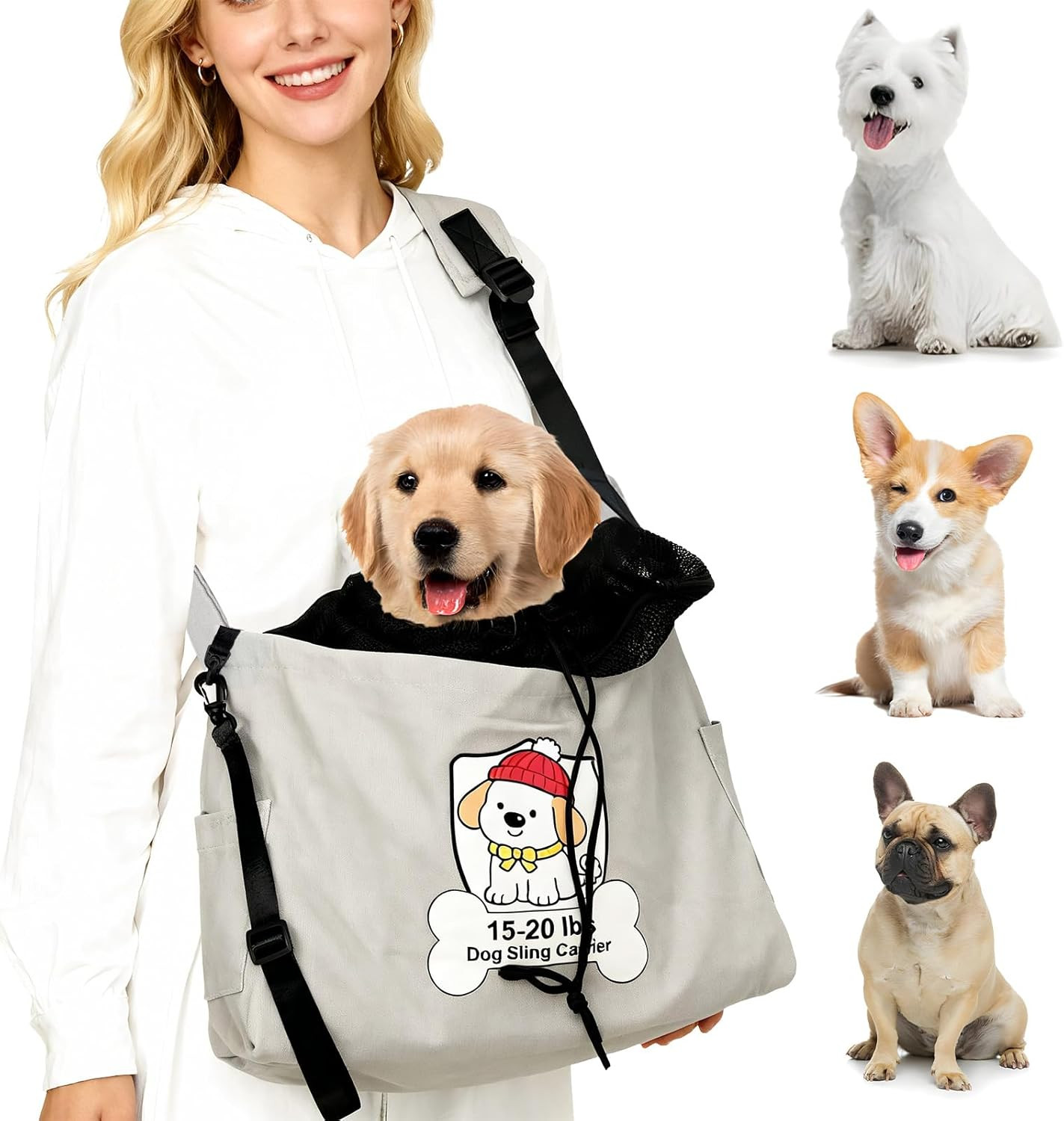 Dog Sling Carrier for Small Dogs 15-20 lbs - Hands-Free Pet Carrier with Hard Bo