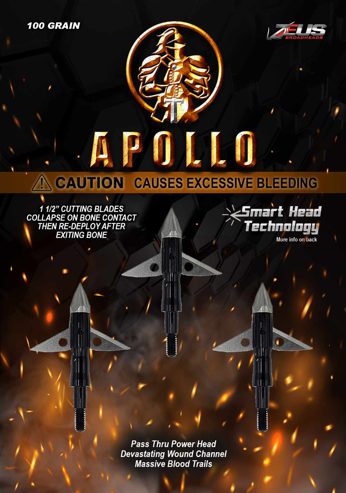 APOLLO 100 GRAIN BROADHEADS (3 PACK) HUNTING ARCHERY BOW CROSSBOW