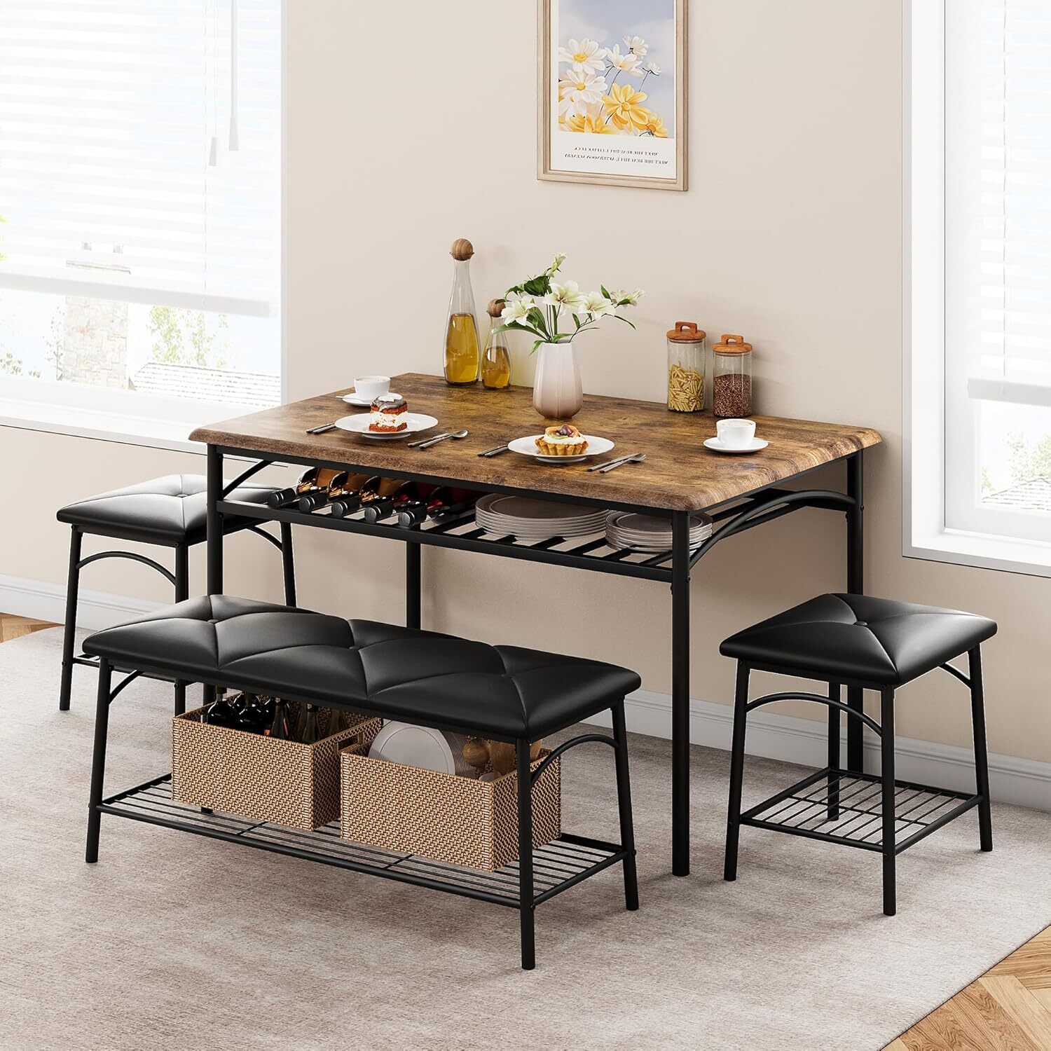 Dining Table Set for 4 with Upholstered Benches and Stools Kitchen Table Storage