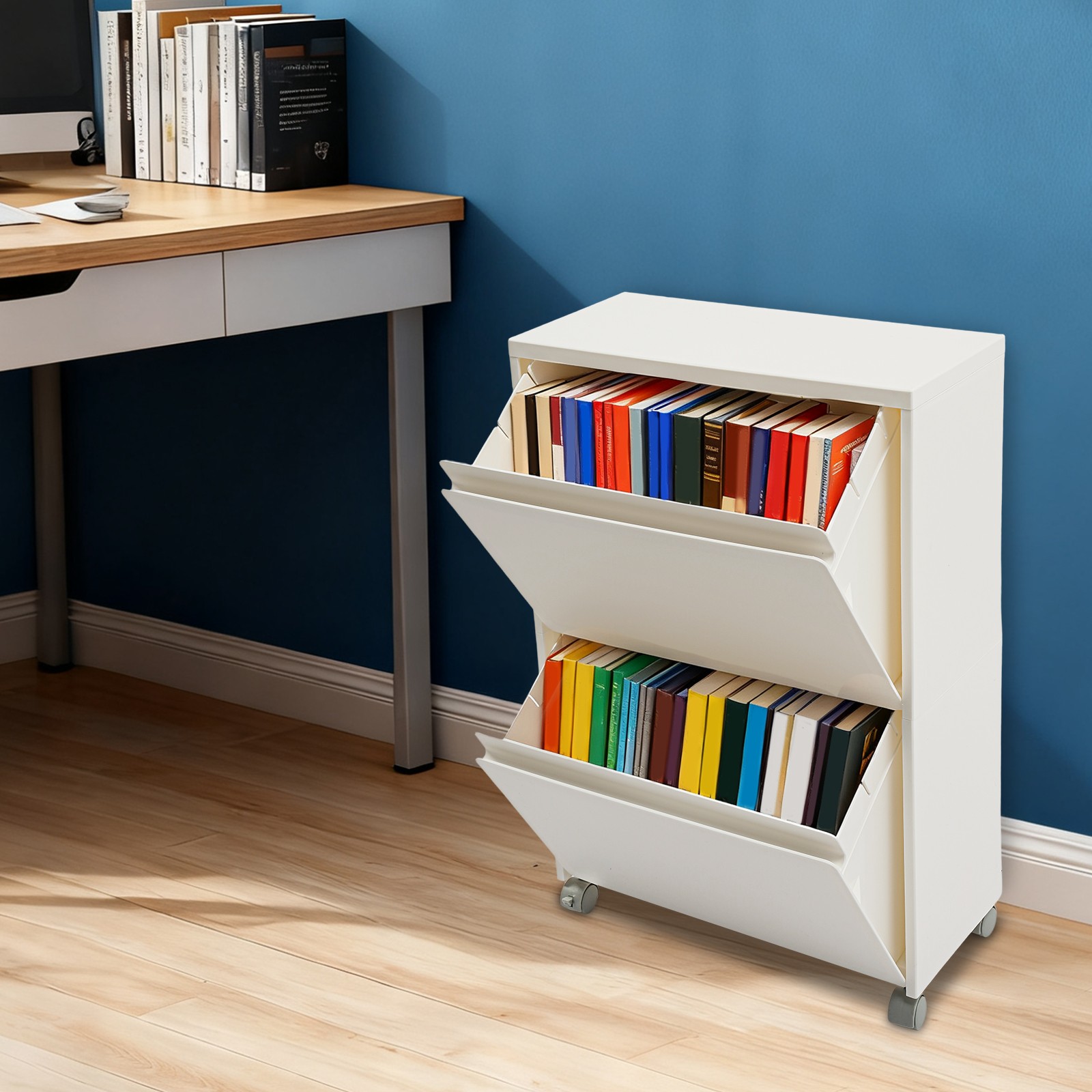 PP Cabinet 2-Tier Rolling Storage Cabinet Mobile Organizer White