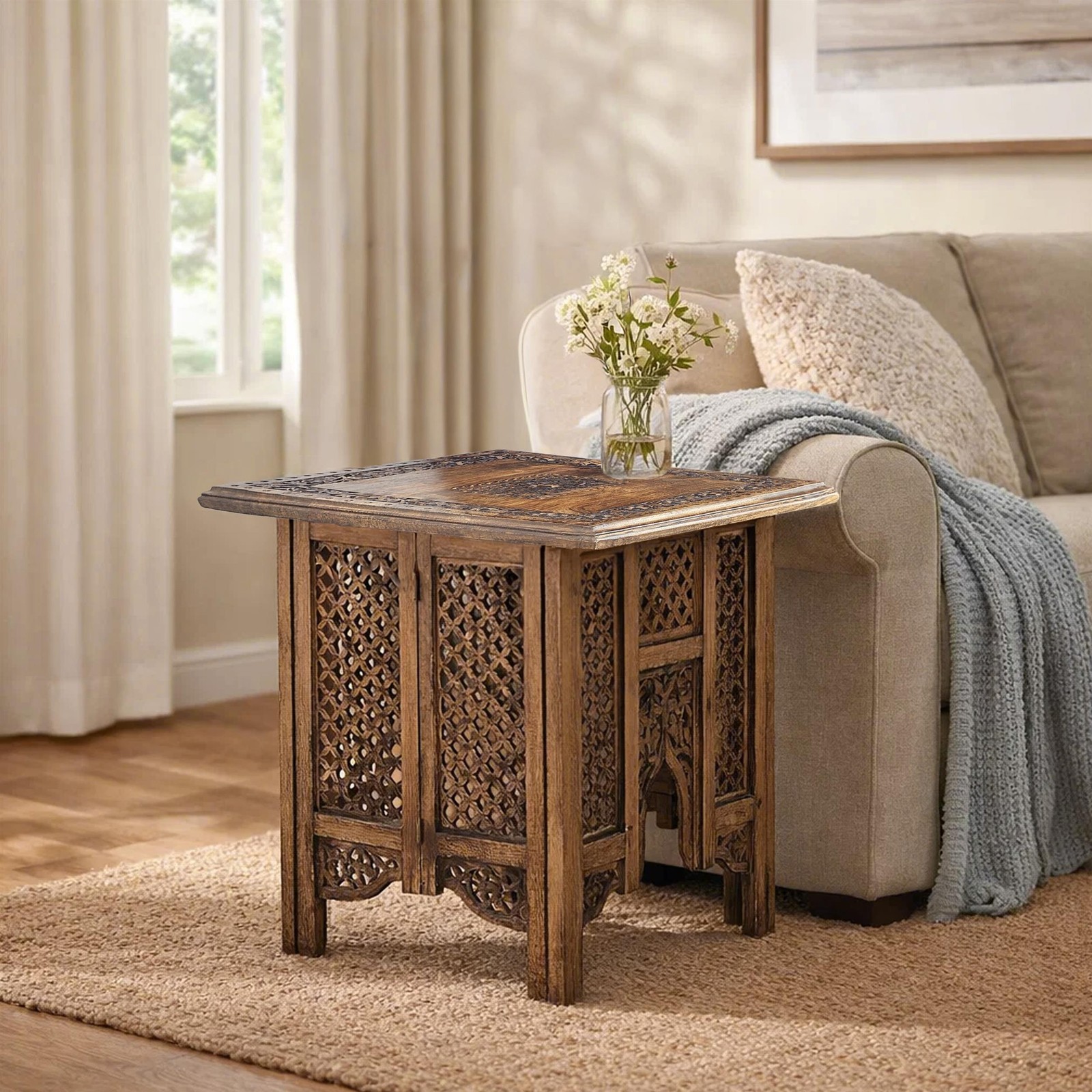 21 Inch Boho Side End Table- Floral Carved Details- Foldable Panel Legs