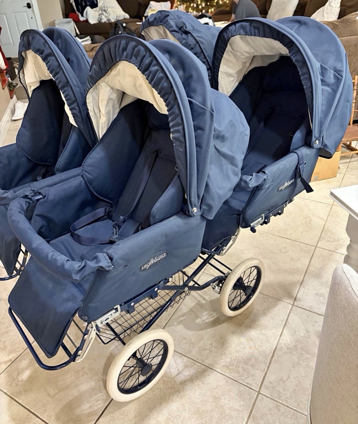 Inglesina Quad Blue & White Carriage Stroller Adjustable Handles Rubber Tires
