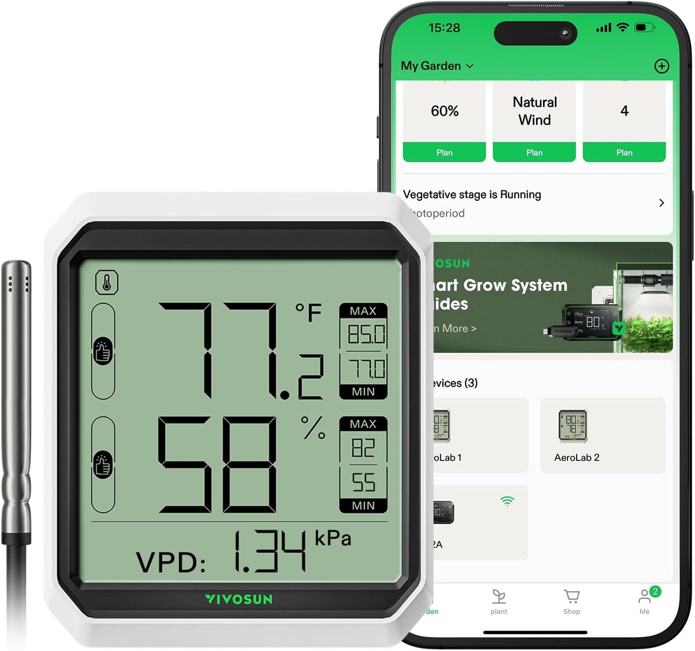 VIVOSUN Bluetooth Hygrometer Thermometer VPD Temp Humidity Meter w/ Sensor Probe