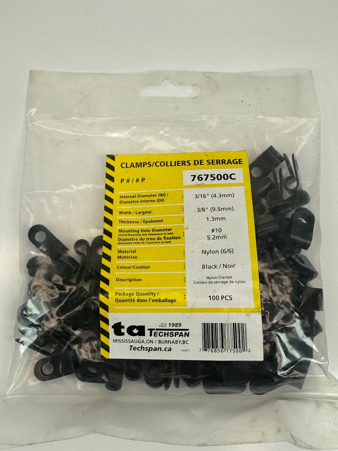 Techspan 767500C Nylon Clamps 3/16" ID Black 100 Pcs Cable Cleats