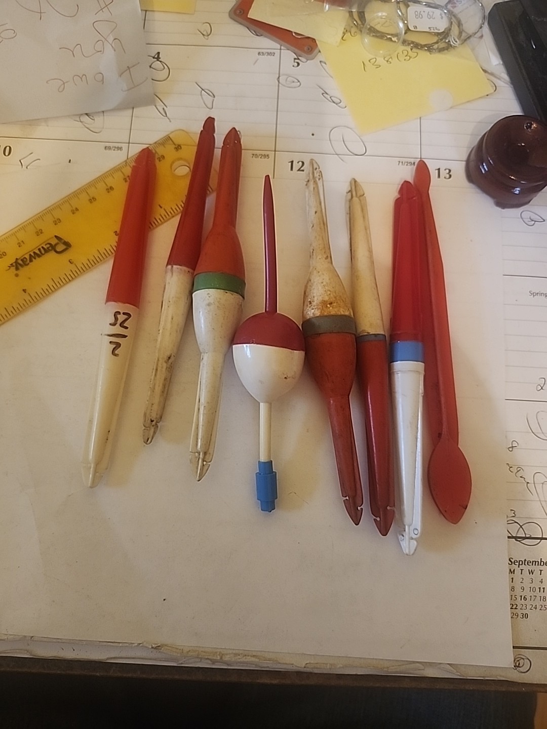 Vintage Plastic Bobbers Lot Of 7 And 1 Hook Remover Red White