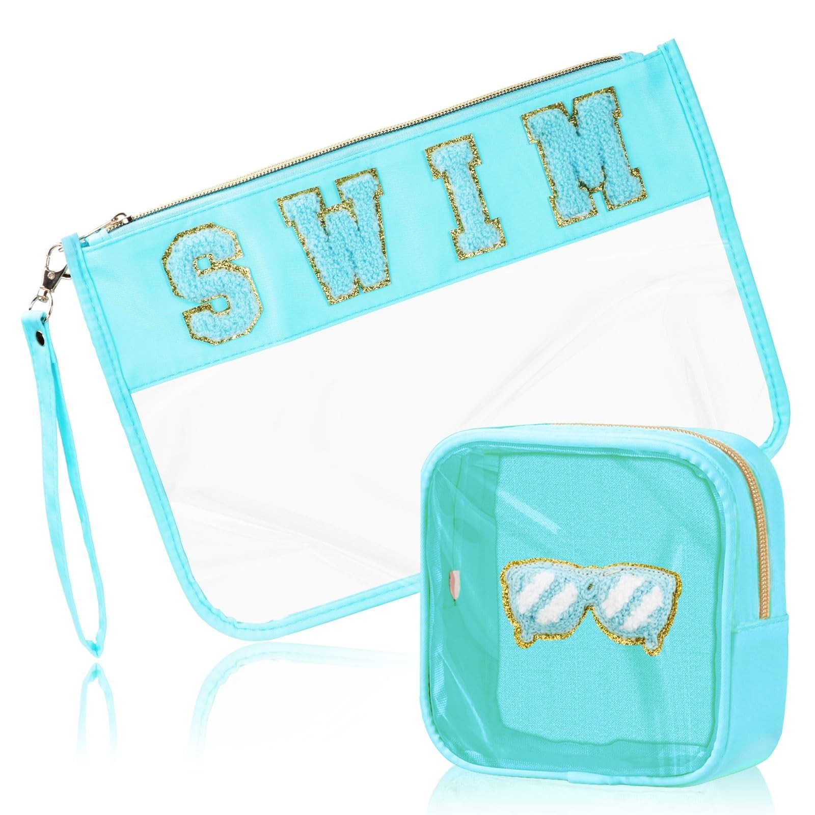 2 Pcs Swim Bag Cosmetic Makeup Bag with Chenille Letter Patch, Clear Pouch PV...