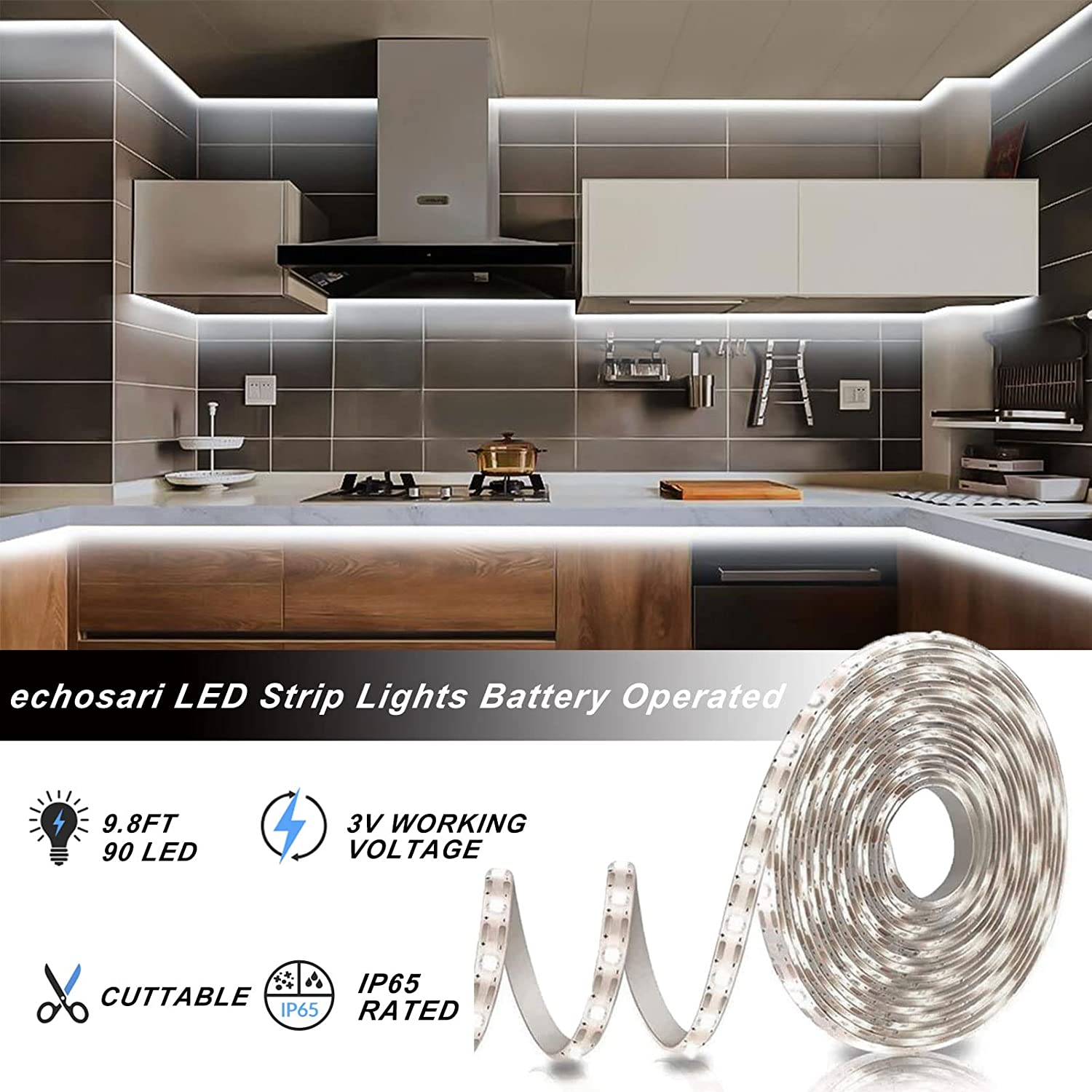 Battery Operated Led Strip Lights White with Remote 8 Modes Dimmable Timer S